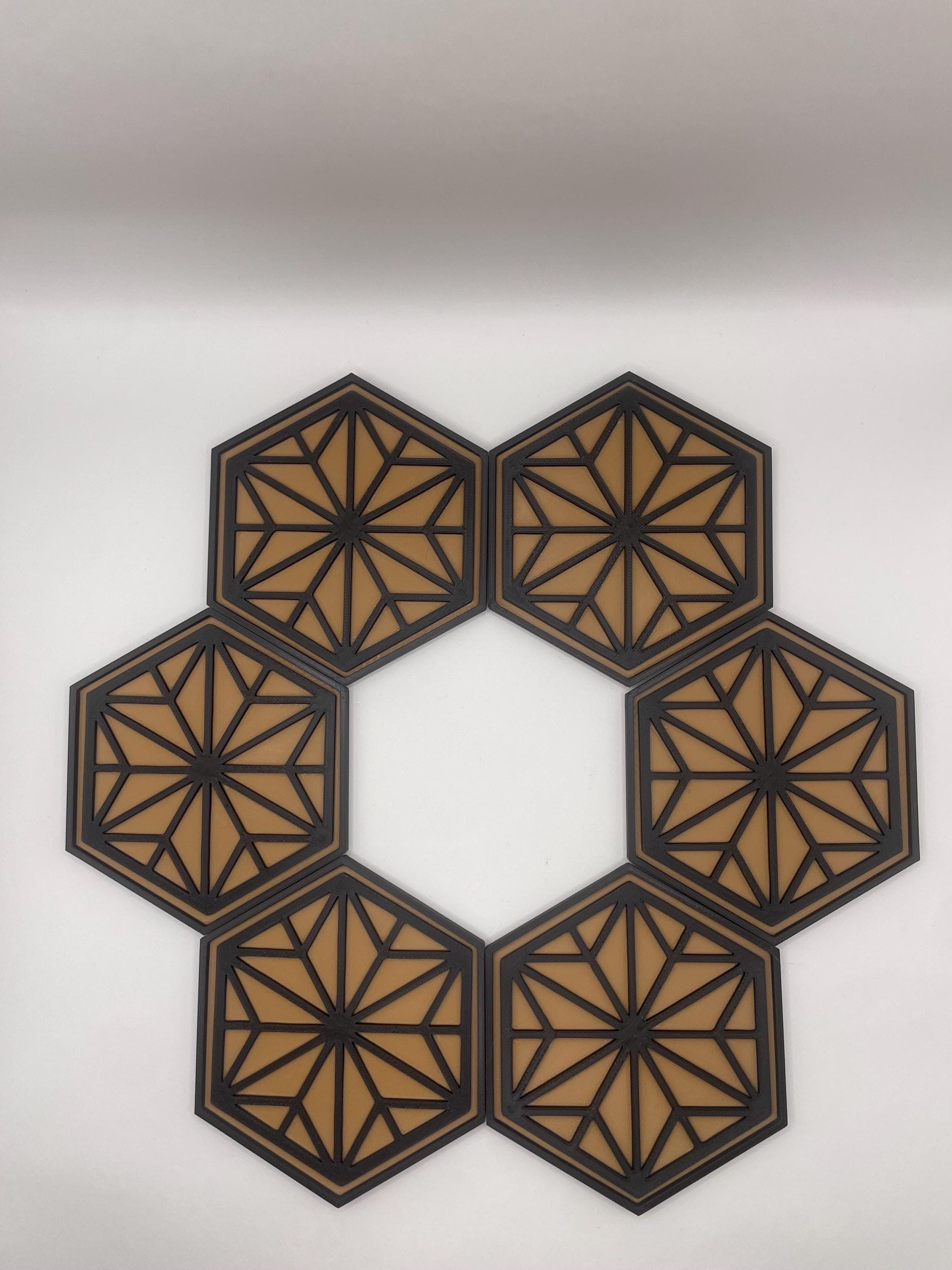 3D Printed Kumiko Coasters Set | Hexagon Geometric Drink Mats | Japanese Style Home Decor | 6pc Coasters with Holder - image 3