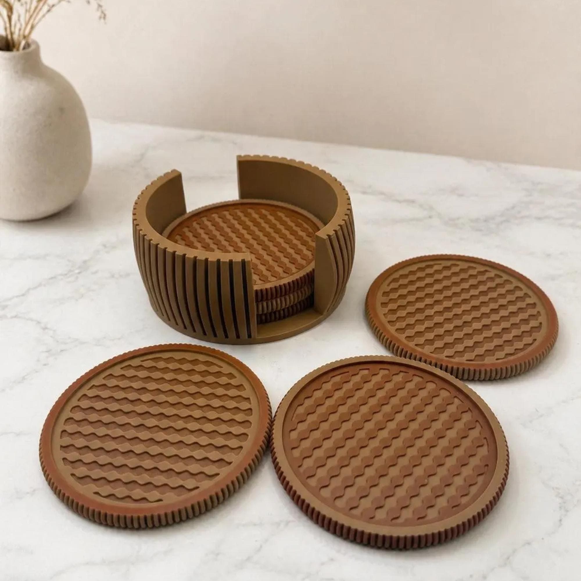 Modern Ribbed Wavy Coaster Set of 6 with Holder - 3D Printed Drink Coasters for Home Decor - Unique Housewarming Gift - Waveform Series