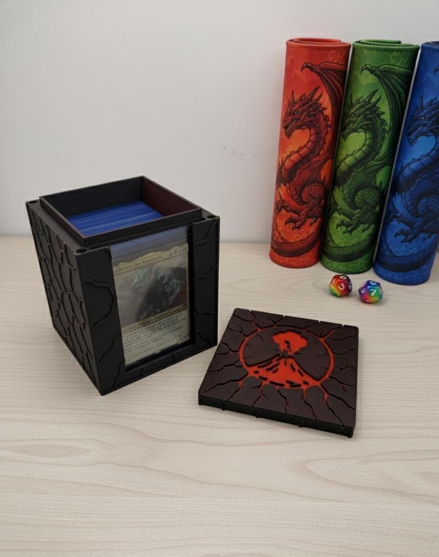 MTG EDH Deck Box | Volcano Lava Theme Deck Box Commander Showcase Display Slot with Toploader | Magnetic Top Fantasy Gaming Cards Organizer