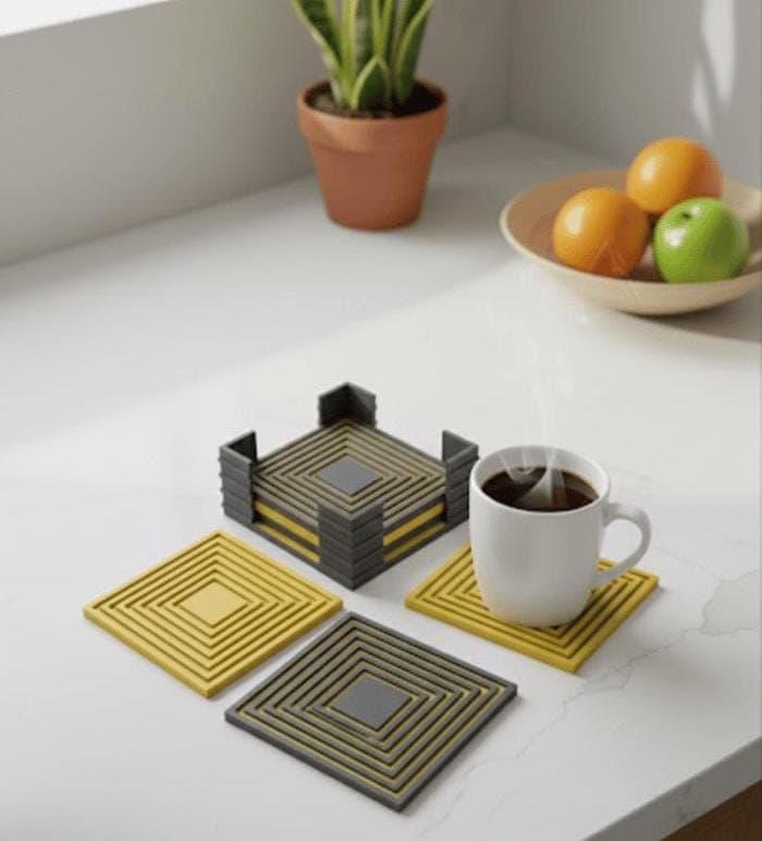 Geometric Coaster Set of 6 with Holder | Modern Yellow Gray 3D Printed Drink Coasters | Unique Minimalist Home Gift