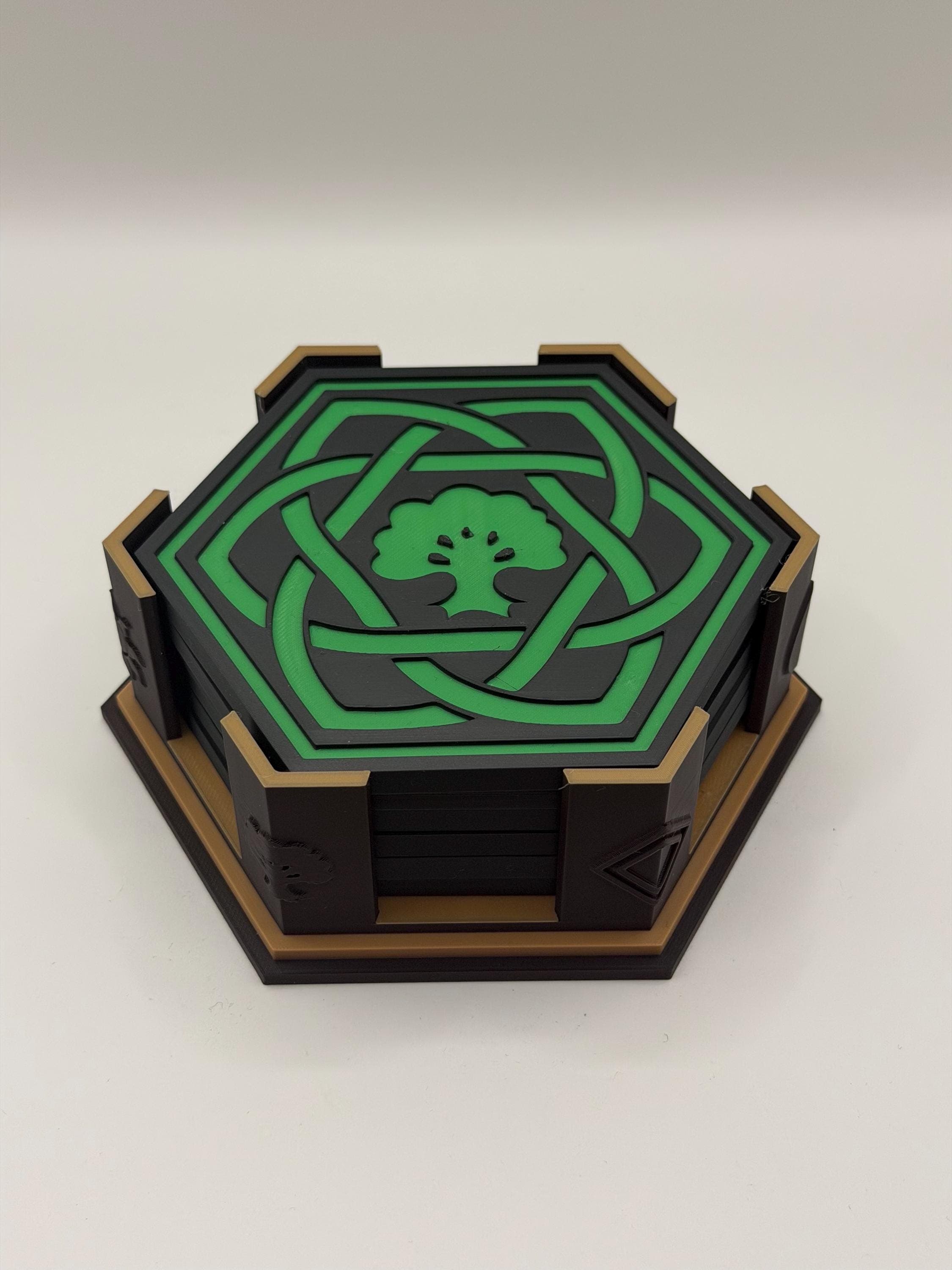 MTG Coaster Set of 6 with Holder - Magic the Gathering Inspired Mana Symbols Drink Coasters - Celtic Knot Wood Decor - Gift for Gamers - image 4