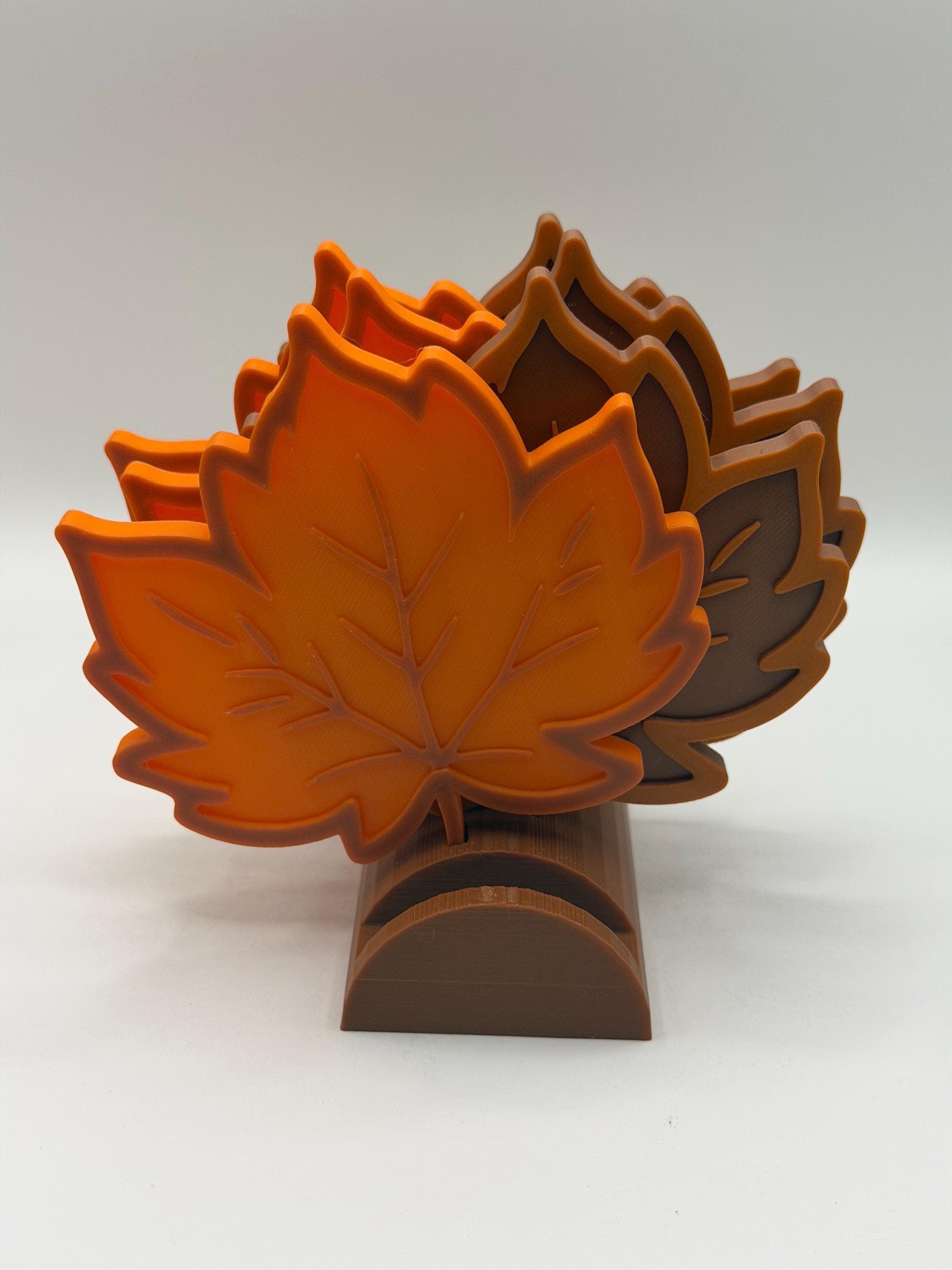 Maple Leaf Coaster Set with Holder, Fall Decor Drink Coasters, Autumn Tabletop Accessory, Brown and Orange Coasters, Housewarming Gift - image 4