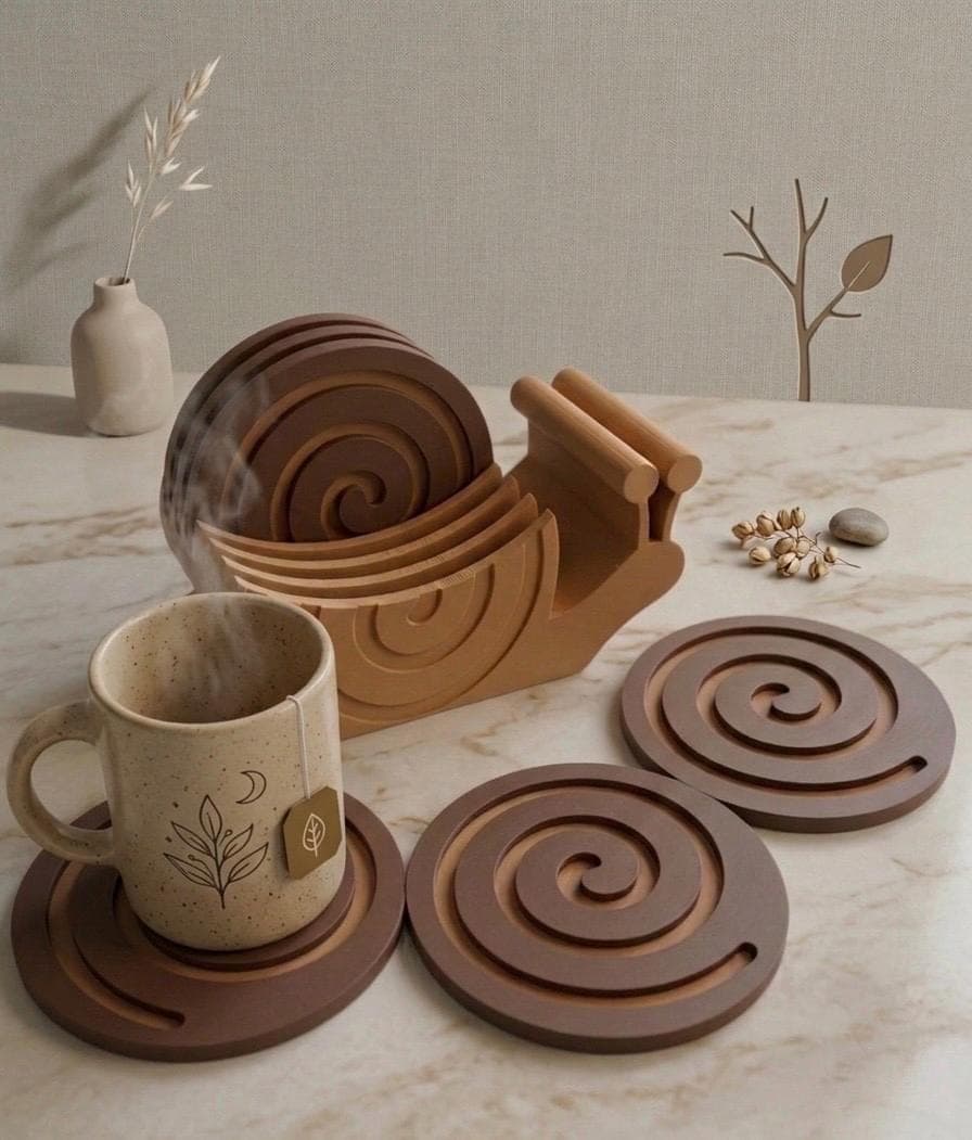 Modern Adorable Snail 3D Printed Coaster Set – 6-Piece Minimalist Cute Spiral Drink Coaster Holder – Home Decor Gift – Housewarming Gift