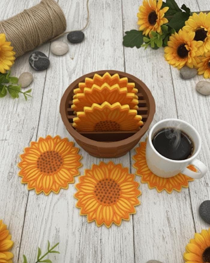 Sunflower Coaster Set with Pot Holder | Set of 6 Cute Floral Coasters | Farmhouse Kitchen Decor & Coffee Table Accessory | Housewarming Gift