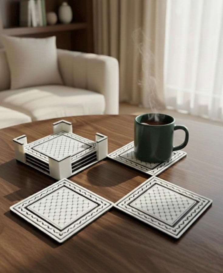 Keffiyeh Pattern Coaster Set with Holder - Traditional Palestinian Motif Home Decor - 3D Printed Culture Gift - Black and White Tableware