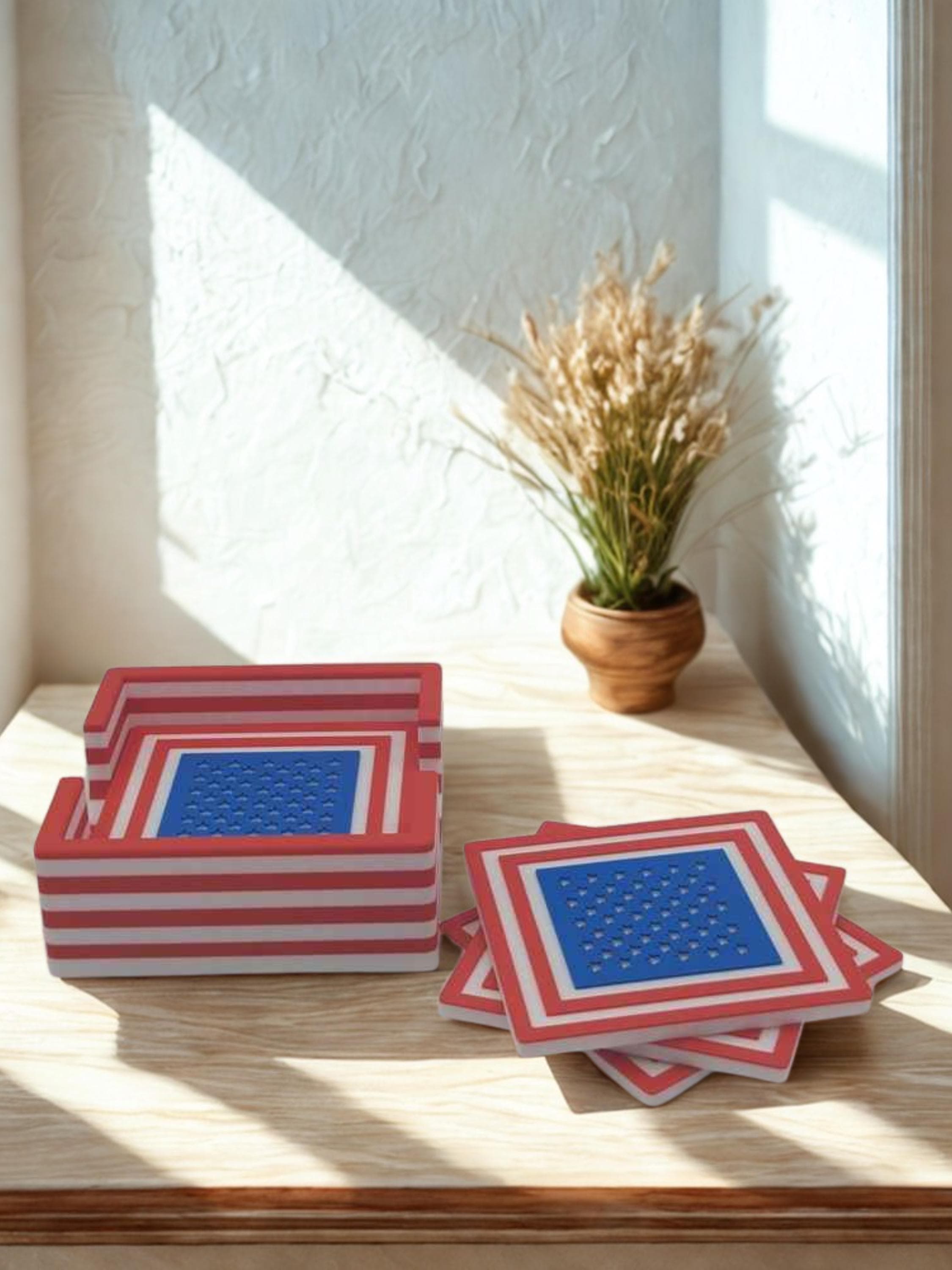 American Flag Coasters Set of 6 | USA Patriotic Drink Coasters | Fourth of July Decor | Hostess Gift | Red White Blue Home Decor