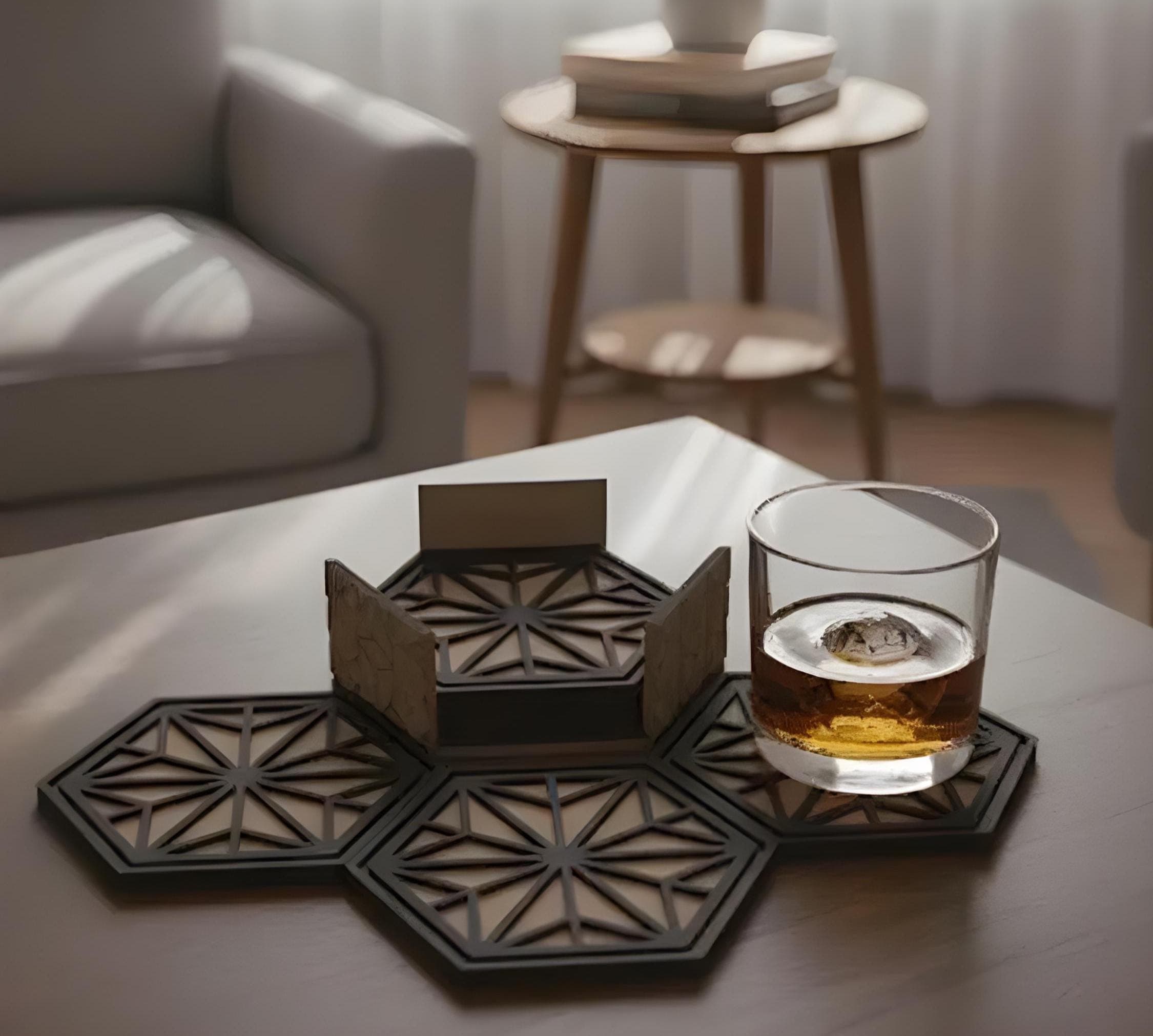 3D Printed Kumiko Coasters Set | Hexagon Geometric Drink Mats | Japanese Style Home Decor | 6pc Coasters with Holder