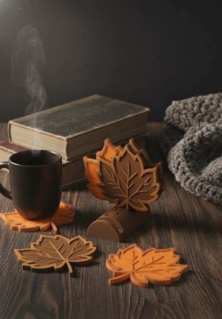 Maple Leaf Coaster Set with Holder, Fall Decor Drink Coasters, Autumn Tabletop Accessory, Brown and Orange Coasters, Housewarming Gift