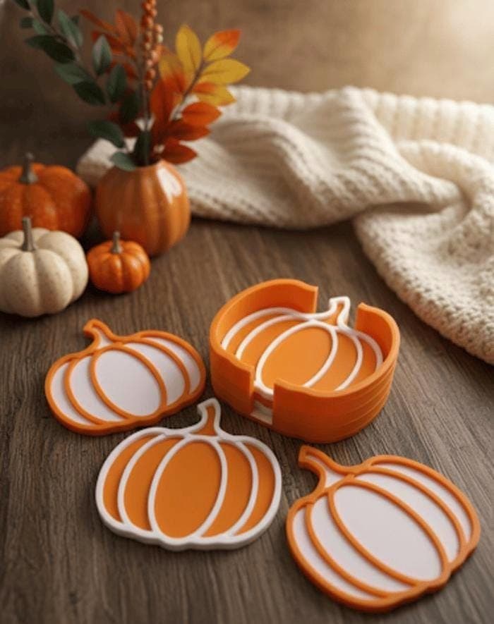 Pumpkin Coaster Set (6 pcs) - 3D Printed Fall Decor, Autumn Drinkware, Cute Thanksgiving Hostess Gift