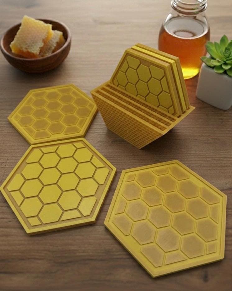 Honeycomb Coaster Set with Holder | Modern Hexagon Drink Mats, Yellow Home Decor | Housewarming Gift | Geometric Table Decor