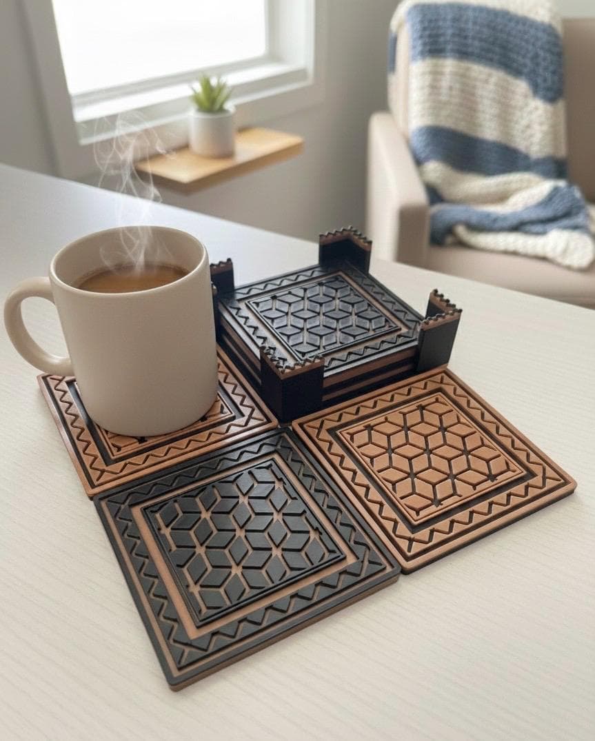 Geometric 3D Printed Coaster Set with Holder | Modern Minimalist Desk Decor | Unique Housewarming Gift | Table Protection Art Decor Coasters