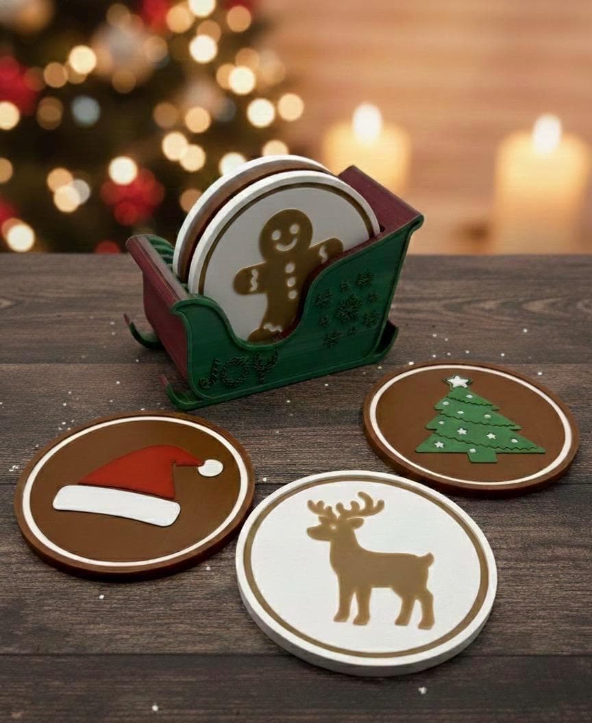 Set of 6 Christmas Coasters with Sleigh Holder | Seasonal Holiday Drink Mats | Gingerbread Man Gift | Xmas Table Decor | Santa Sleigh Decor