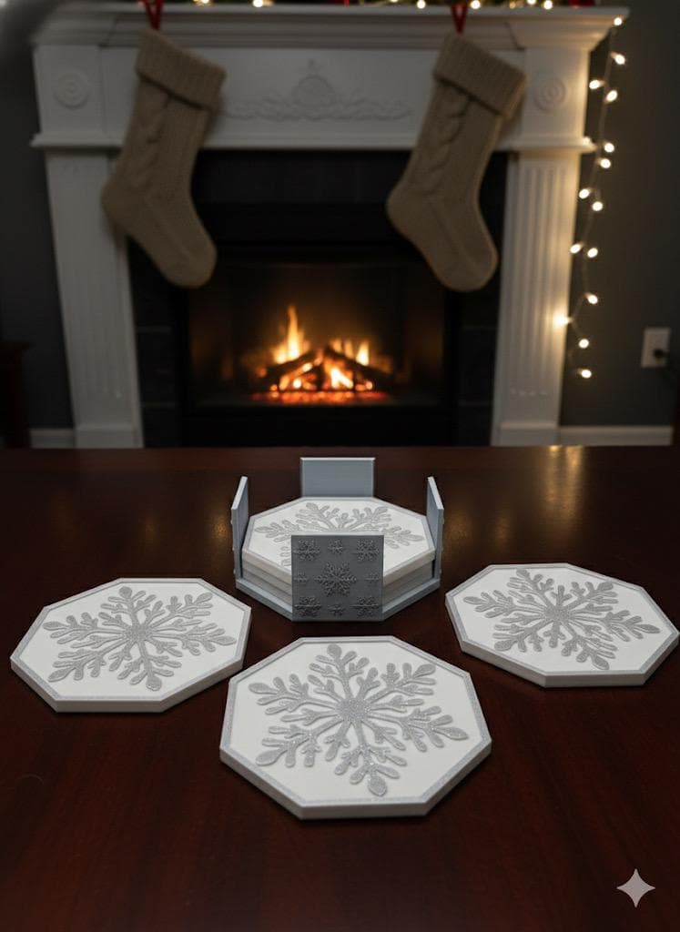 3D Printed Snowflake Coaster Set with Holder, Drink Coasters, Christmas Decor, Housewarming Gift, Octagon Design, Winter Table Decor
