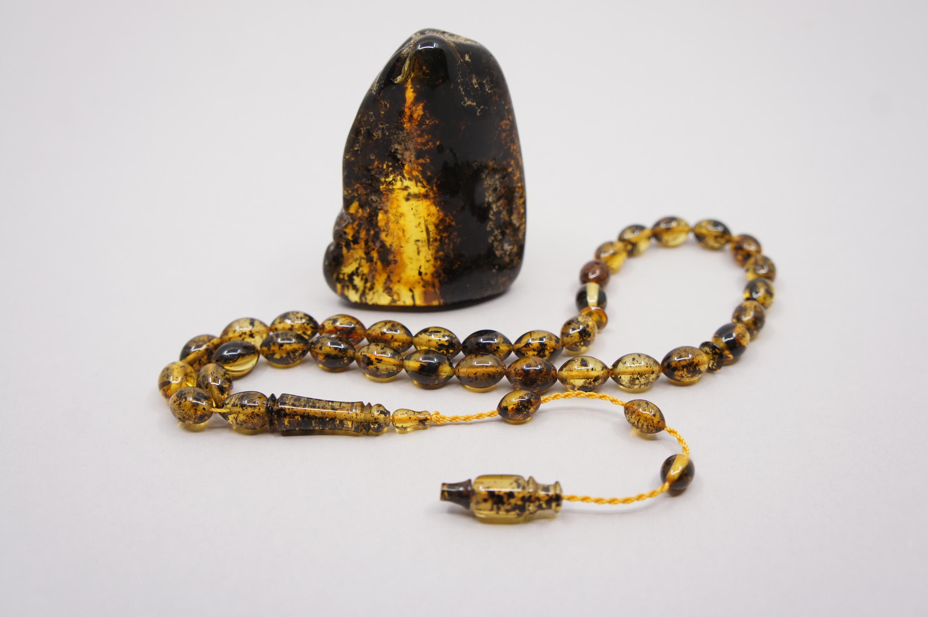 Baltic Amber Islamic Prayer 33 Olive Inclusion Beads, Handmade Muslim Tasbih Misbaha Rosary #2652
