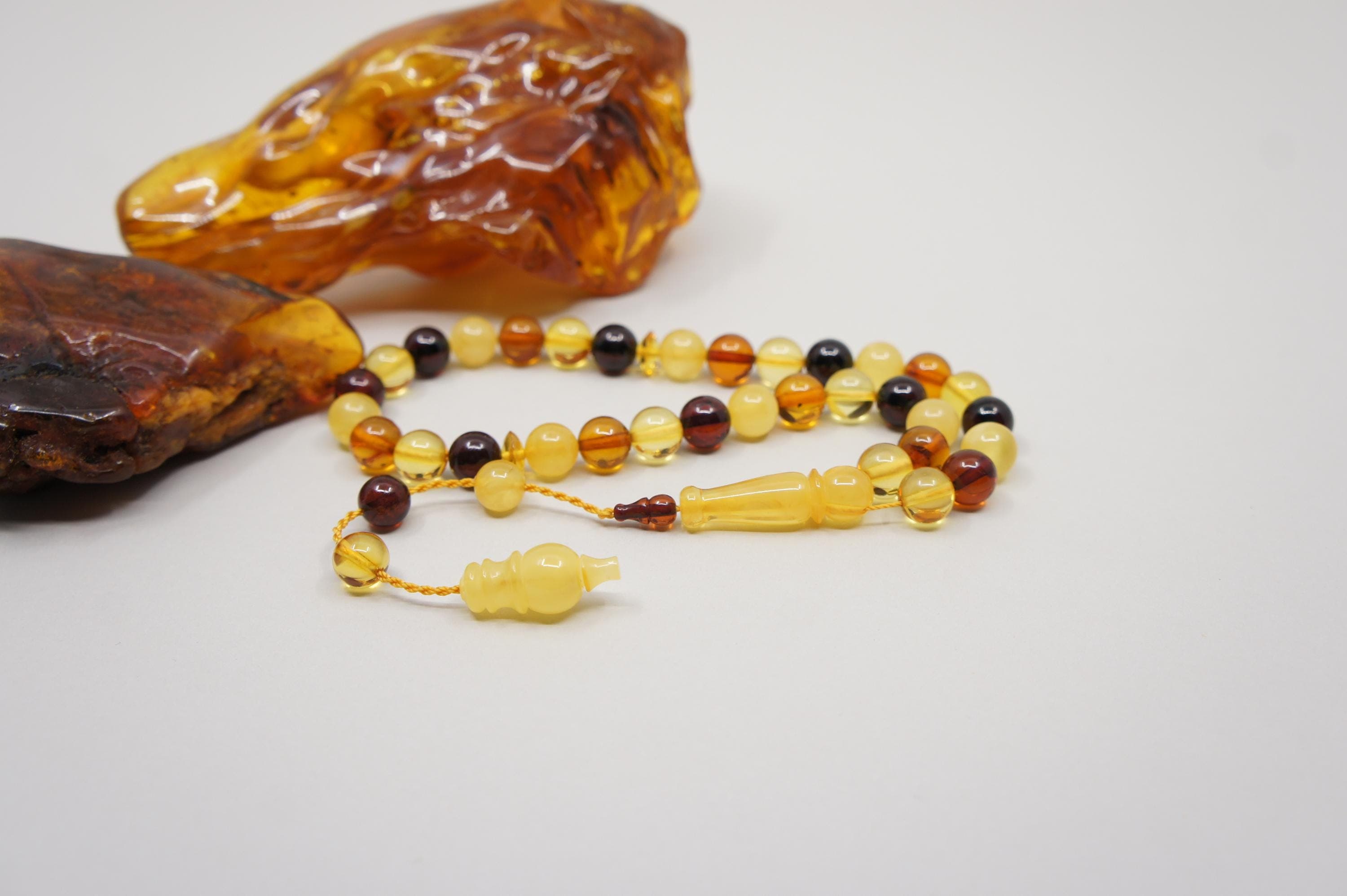 Islamic Natural Baltic Amber Prayer 33 Round Beads, Handmade, Muslim Tasbih Misbaha Rosary #2052
