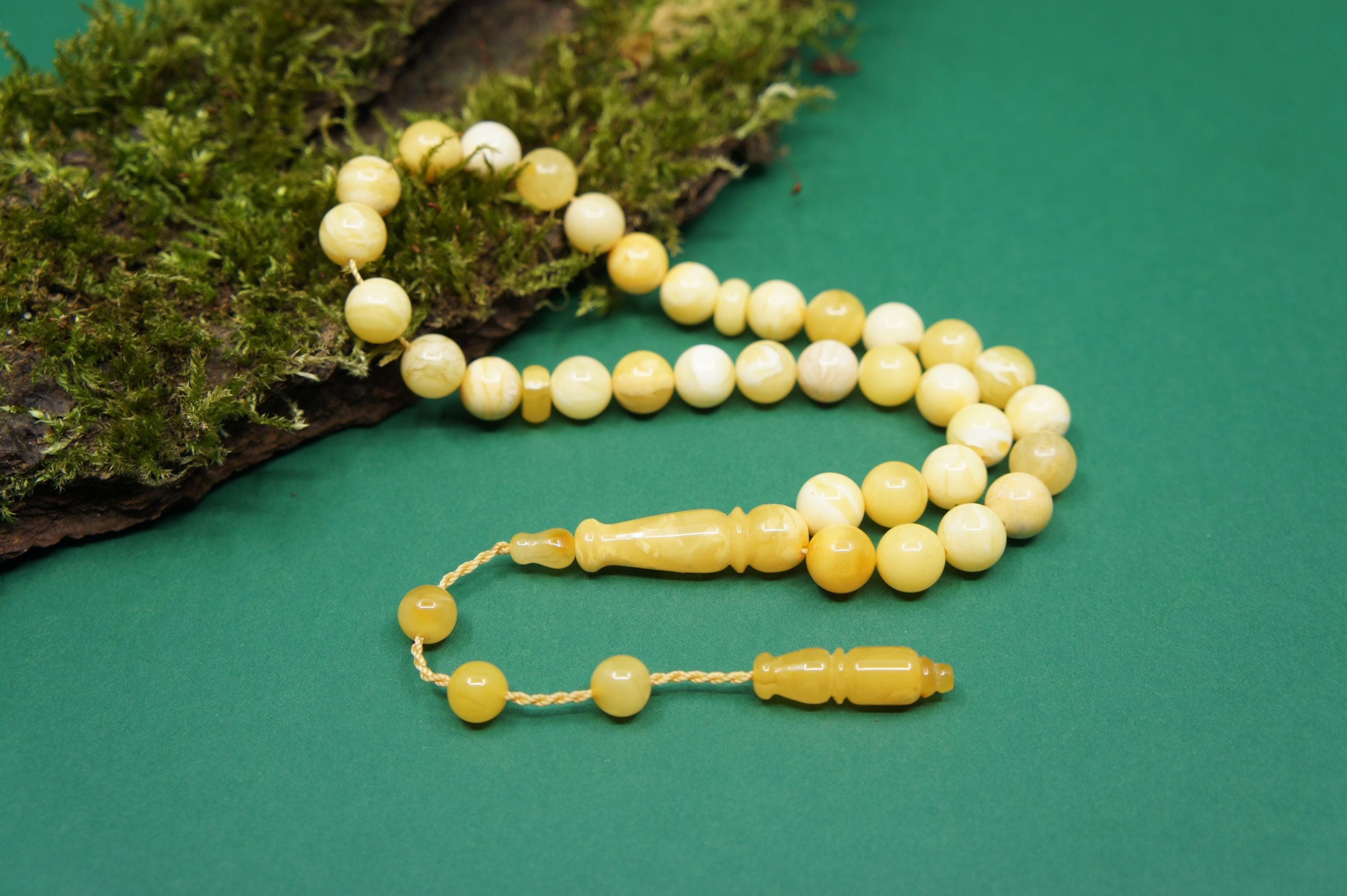 Islamic Natural Baltic Amber Prayer 33 Round Beads, Handmade, Muslim Tasbih Misbaha Rosary #2074