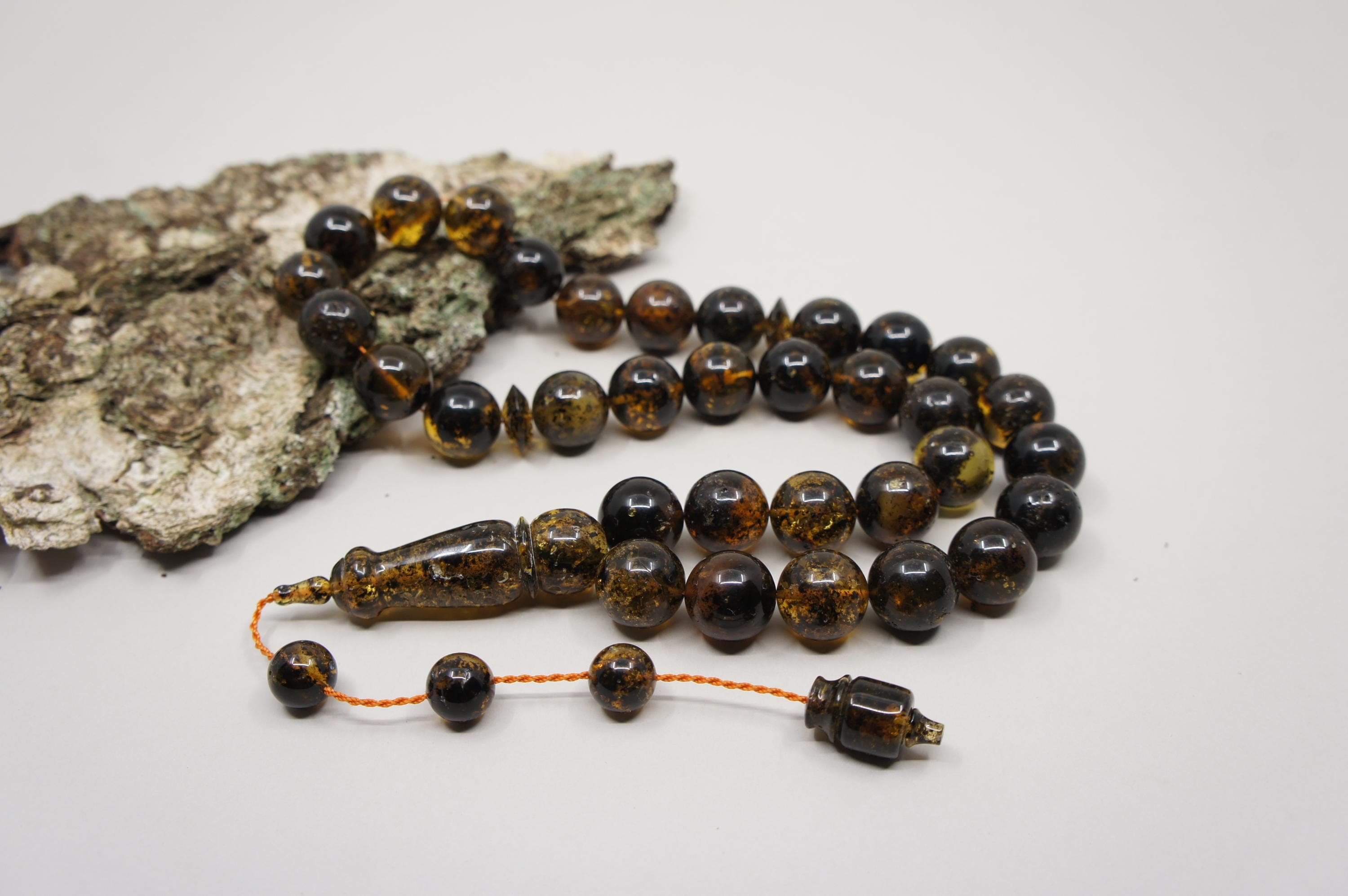 Islamic Baltic Amber Prayer 33 Round Inclusion Beads, Muslim Tasbih Misbaha Rosary, Handmade #2291