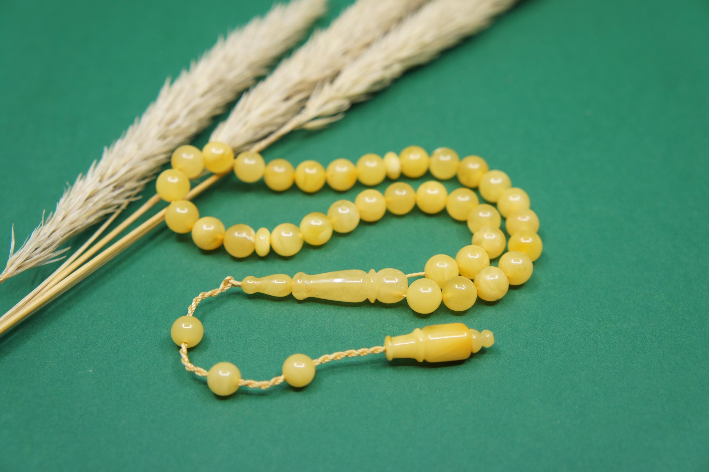 Islamic Natural Baltic Amber Prayer 33 Round Beads, Muslim Tasbih Misbaha Handmade Rosary #2007