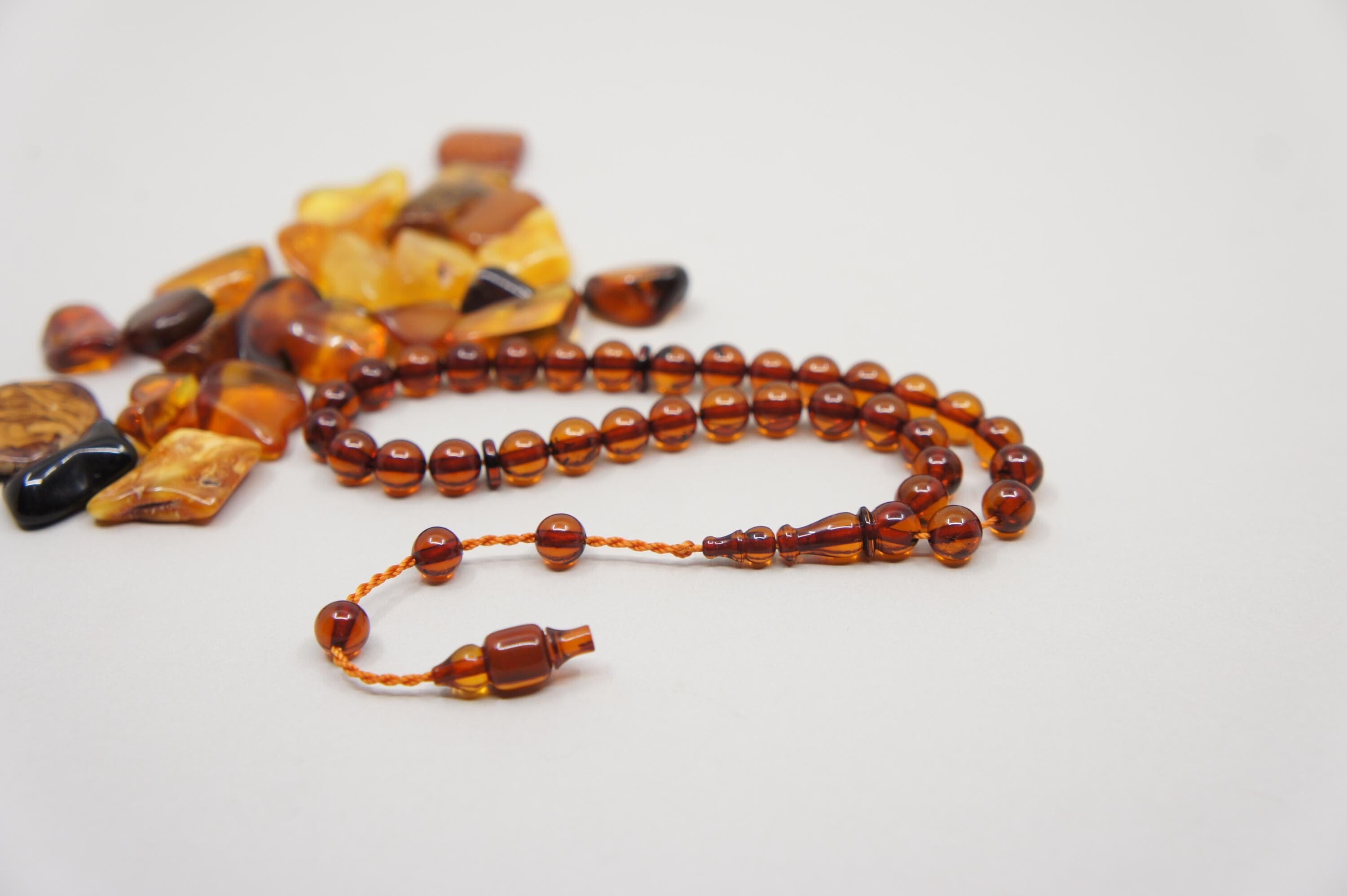Islamic Natural Baltic Amber Prayer 33 Round Beads, Muslim Tasbih Misbaha Rosary, Handmade #2533