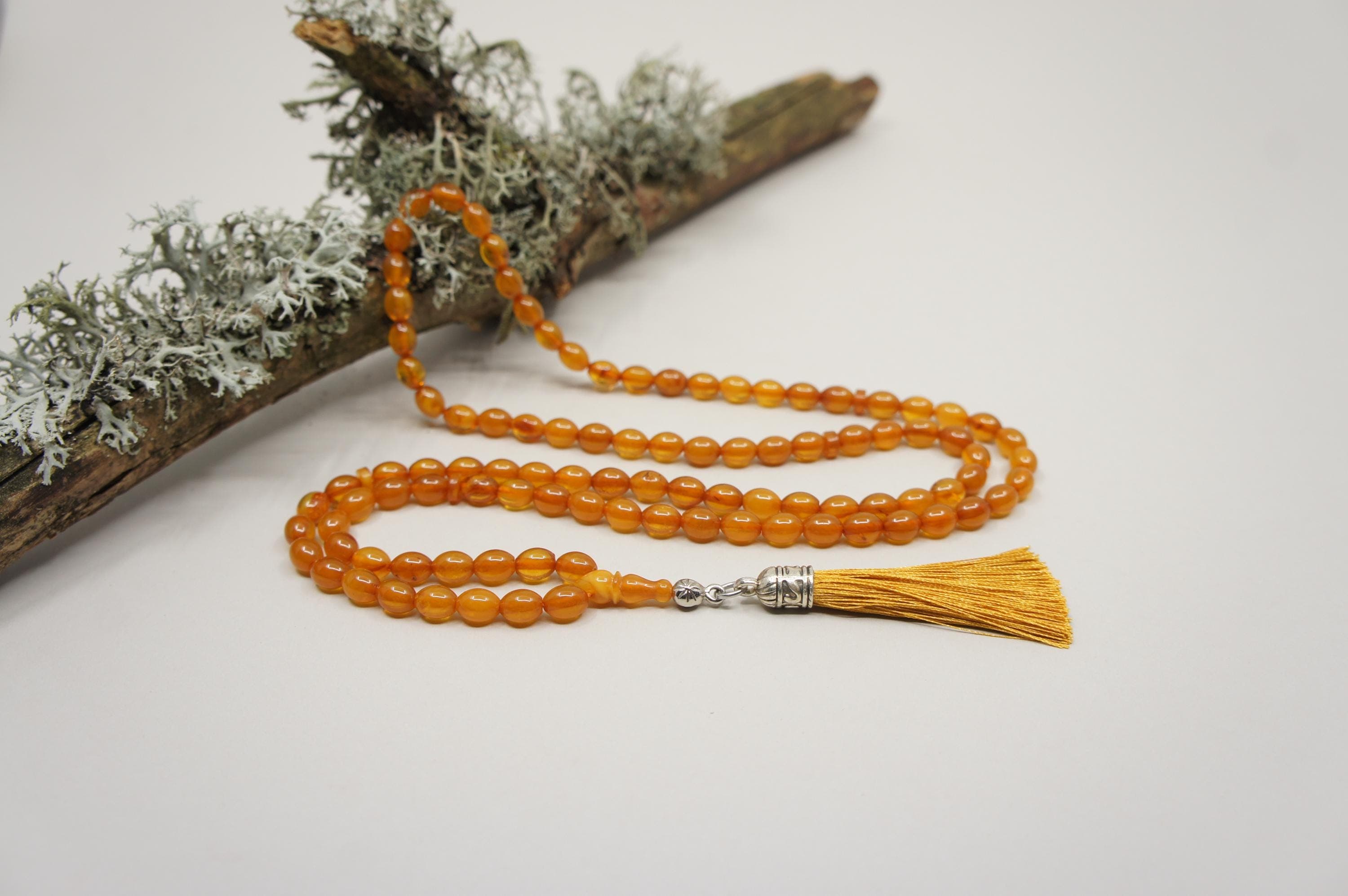 Islamic Natural Baltic Amber Prayer 99 Oval Beads, Handmade, Muslim Tasbih Misbaha Rosary #2112