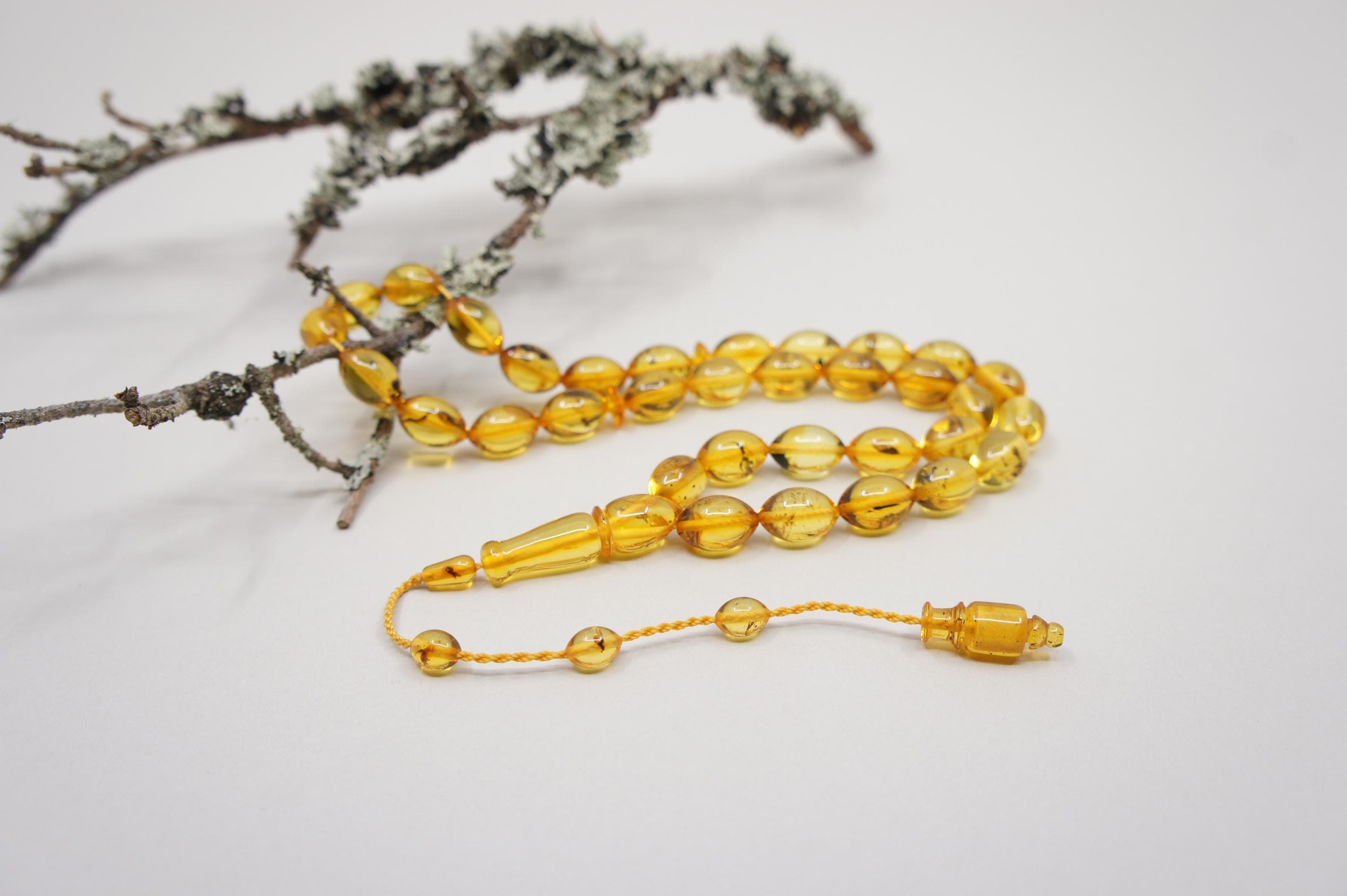 Islamic Natural Amber Prayer 33 Olive Beads, Muslim Tasbih Misbaha, Handmade Inclusion Rosary #1751