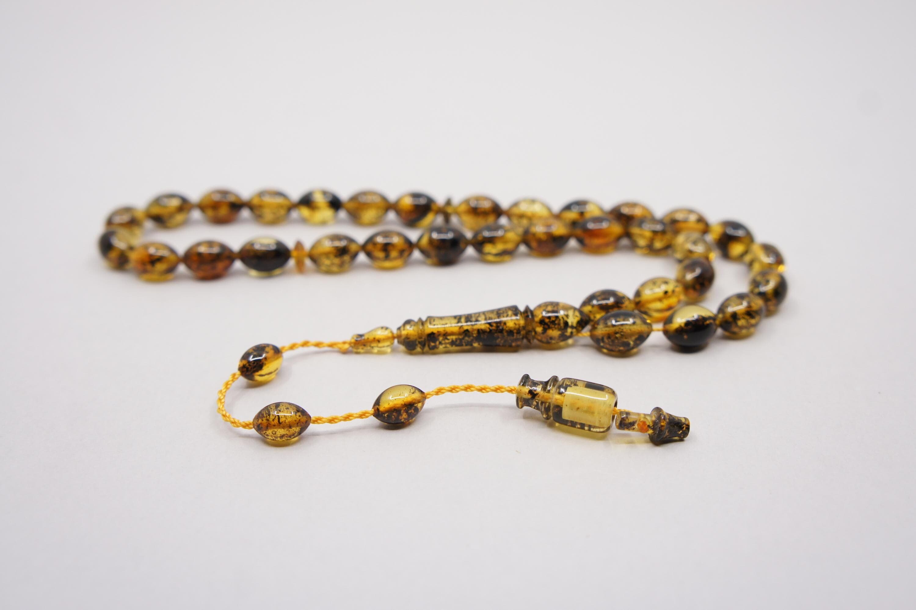 Baltic Amber Islamic Prayer 33 Olive Inclusion Beads, Handmade Muslim Tasbih Misbaha Rosary #2652 - image 3