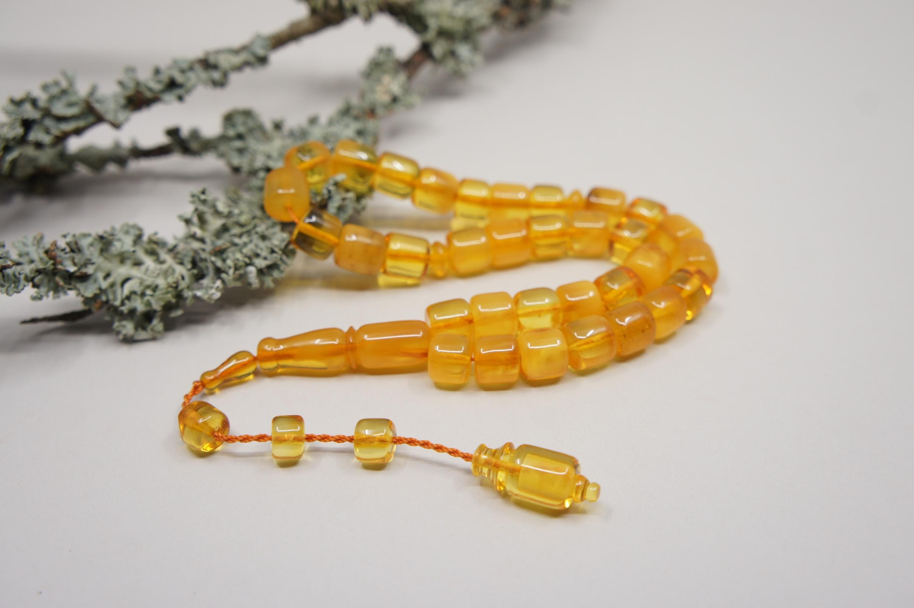 Islamic Natural Baltic Amber Prayer 33 Barrel Beads, Handmade, Muslim Tasbih Misbaha Rosary #2069