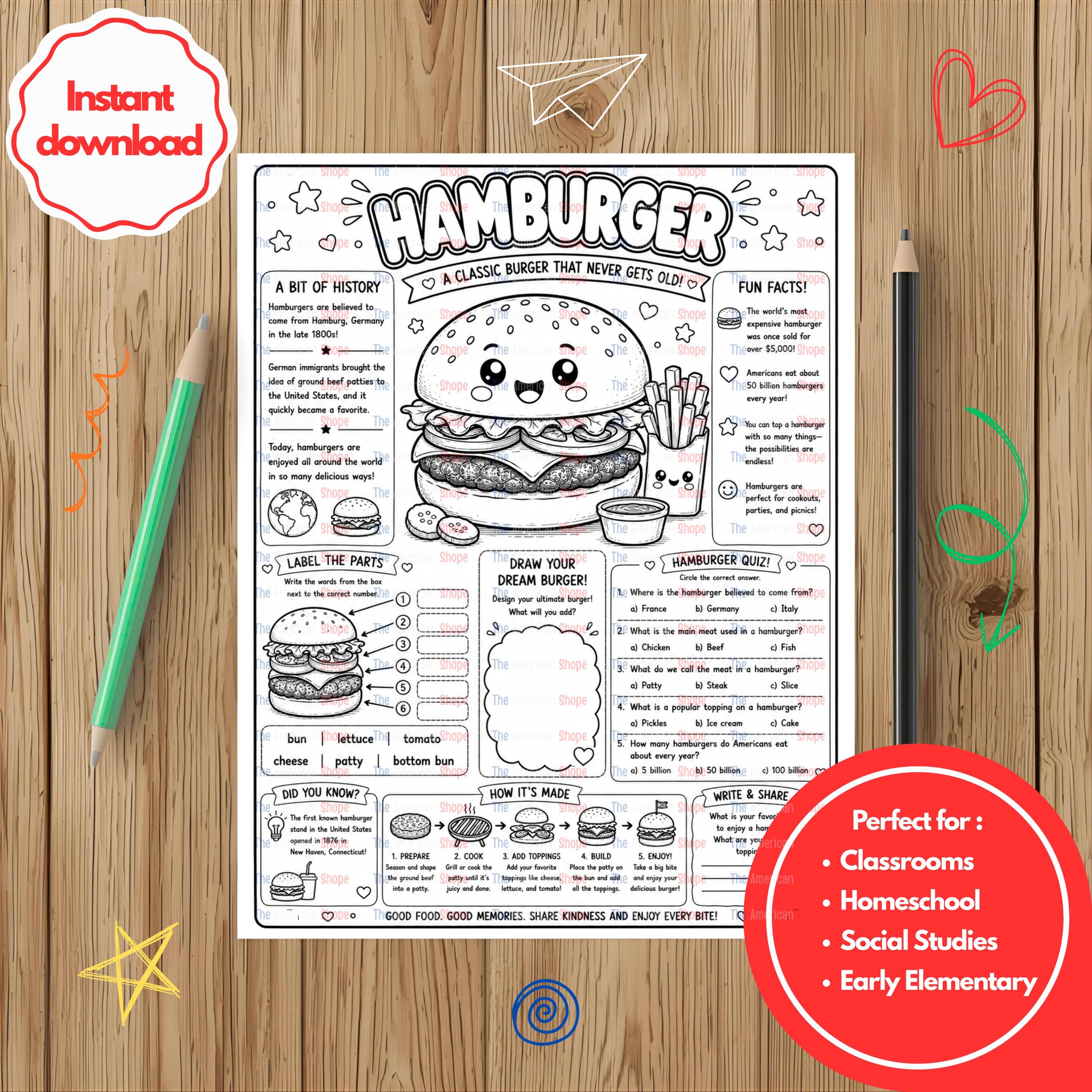 Hamburger I Educational Printable Historical Activity  for Kids