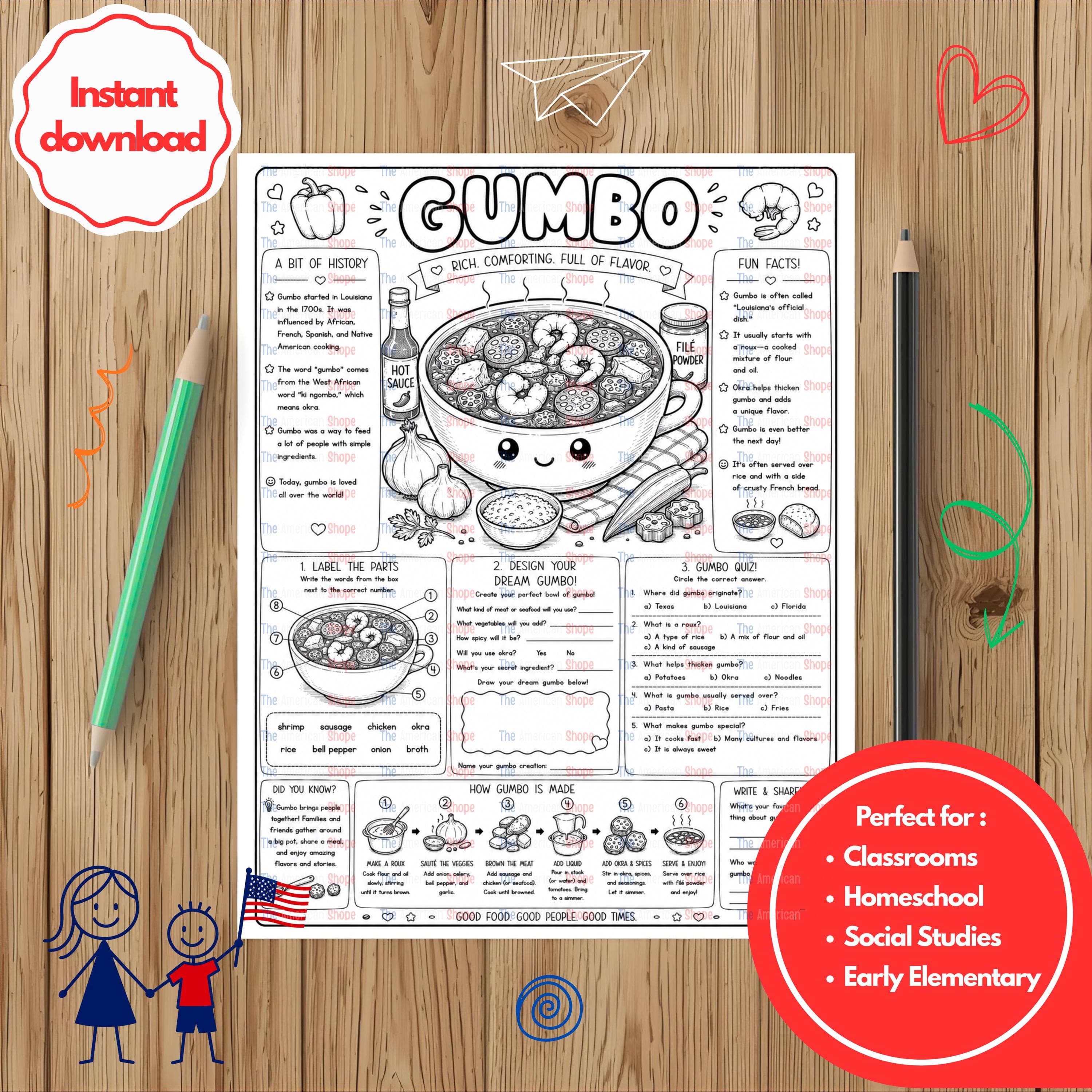 Gumbo I Educational Printable Historical Activity  for Kids