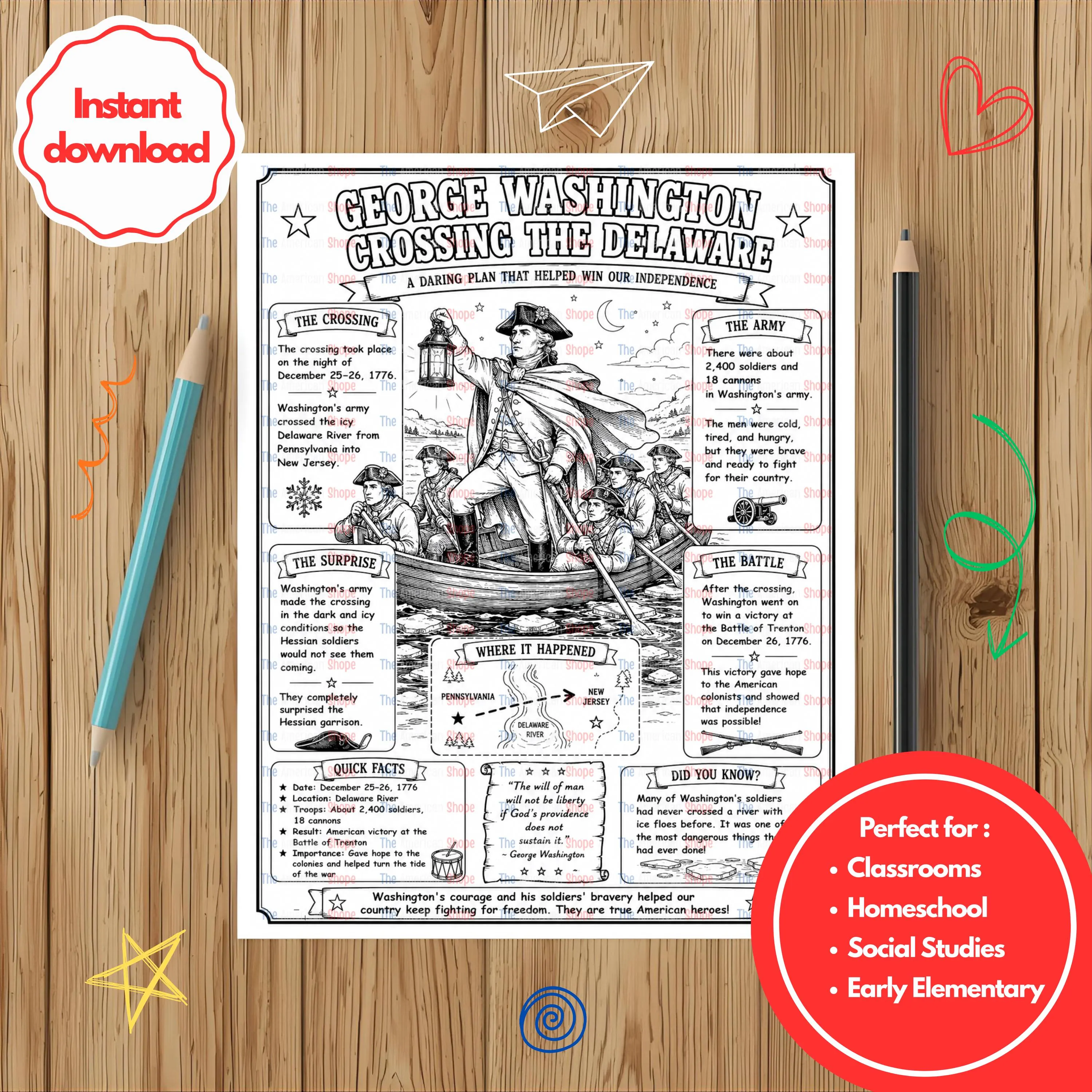 George Washington Crossing the Delaware Coloring Page | Middle School Printable Historical Art for students