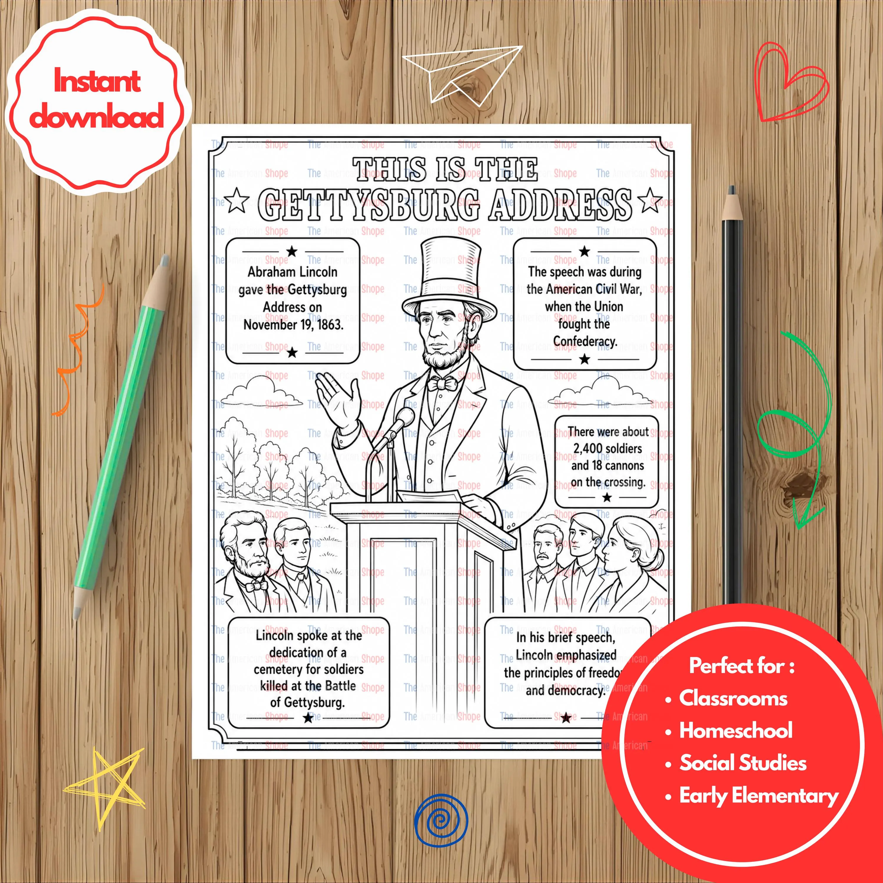 Abraham Lincoln’s Gettysburg Address Coloring Page I Printable Historical Art for Kids