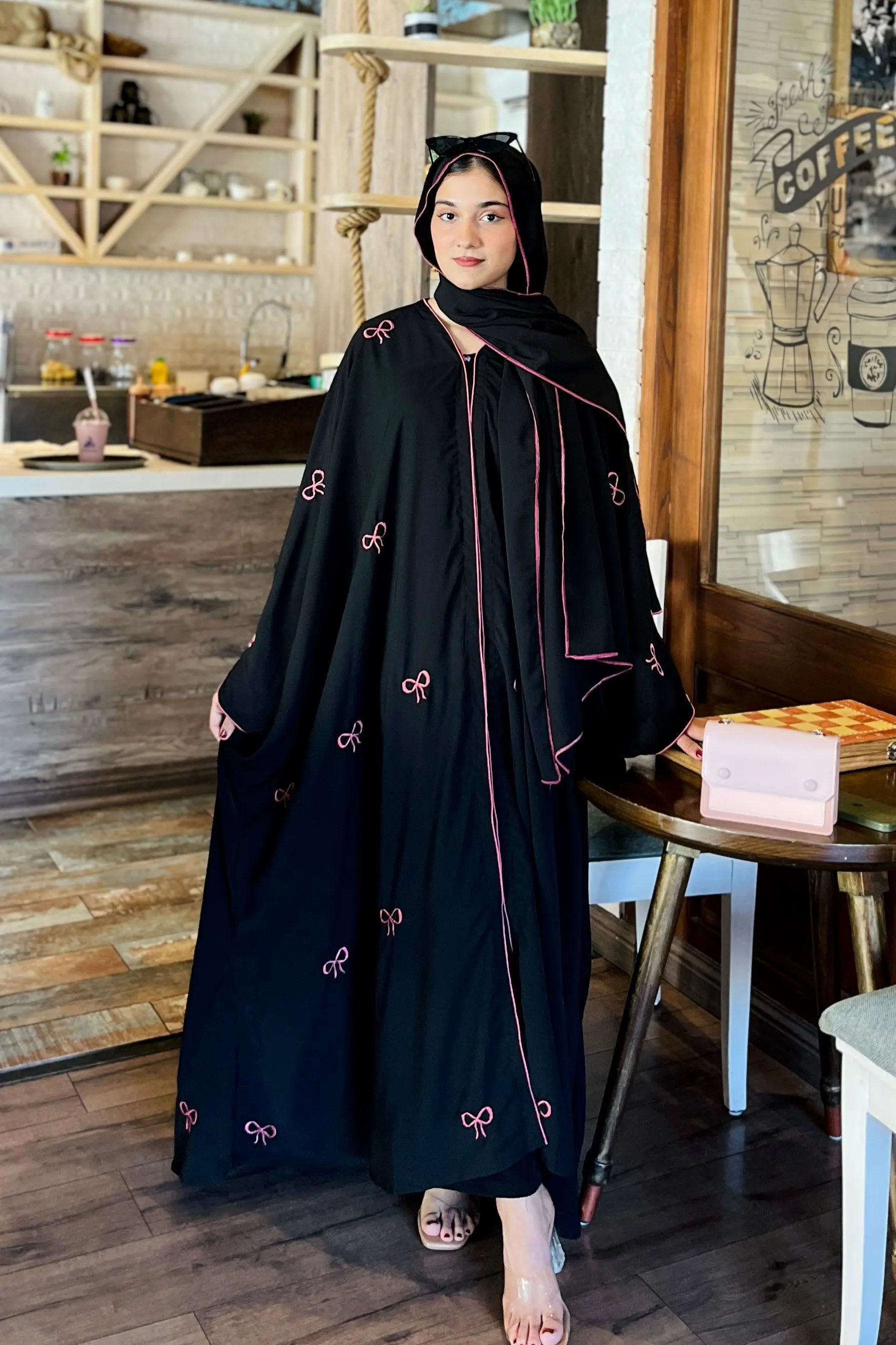 Bow Embroidered Abaya with Hijab, Nidah Fabric, Elegant Abaya