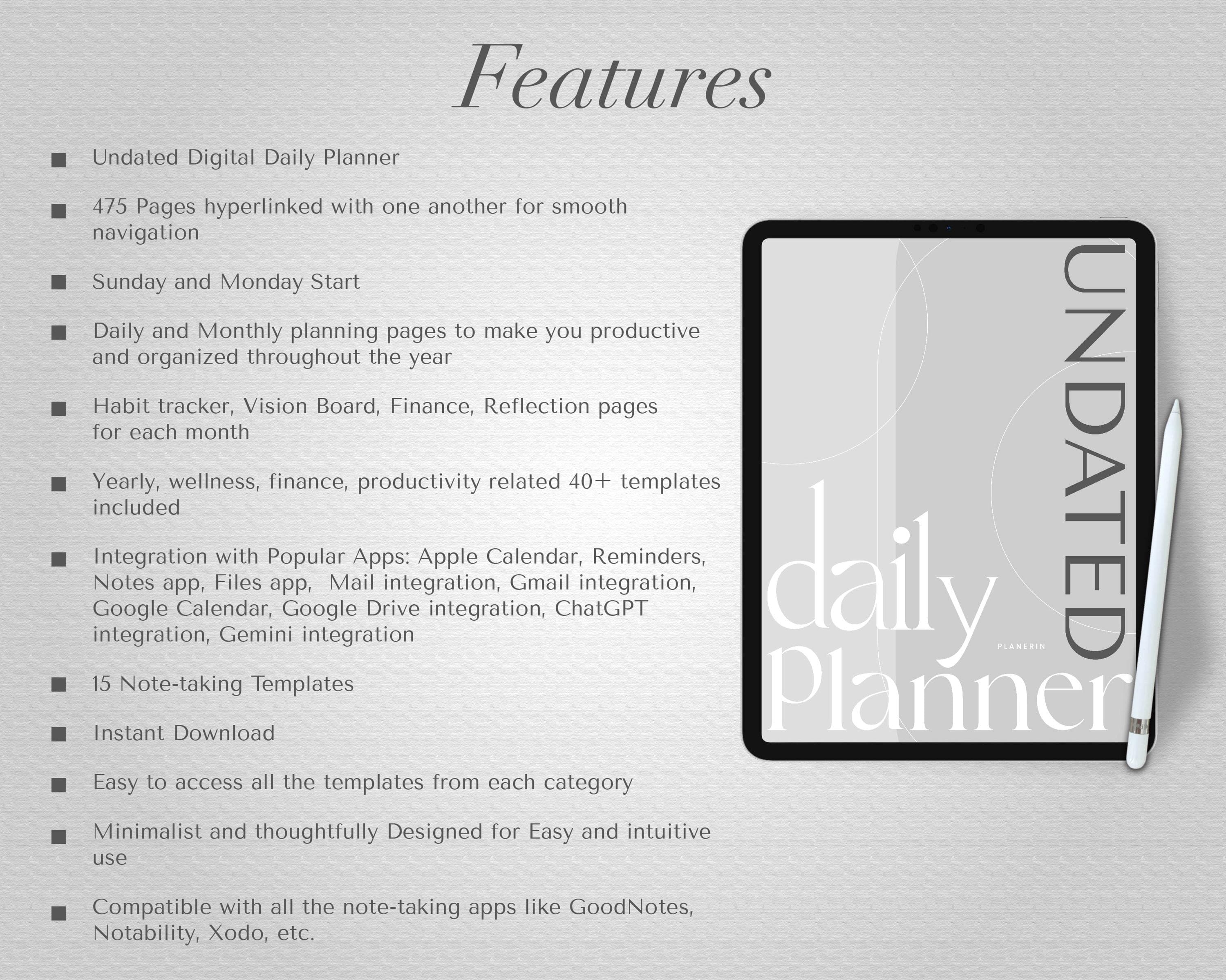 Digital Daily Planner, Undated, App Integrations, Compatible With Notetaking Apps, Fully Hyperlinked, 40+ Templates - image 2