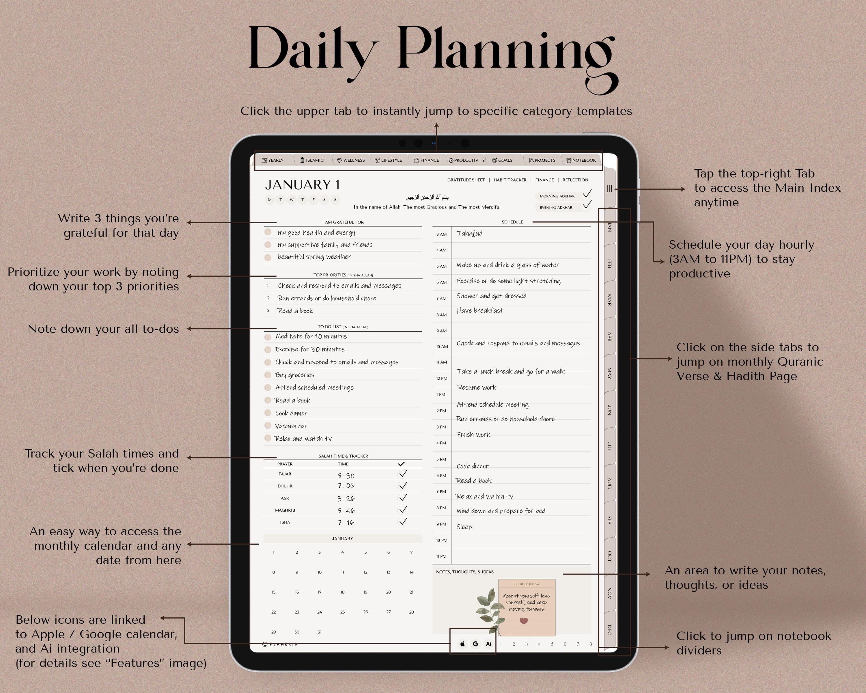 Muslim Digital Planner, Islamic Templates, Muslim Planner, Minimalist Planner With Stickers, Google Calendar Integration - image 3