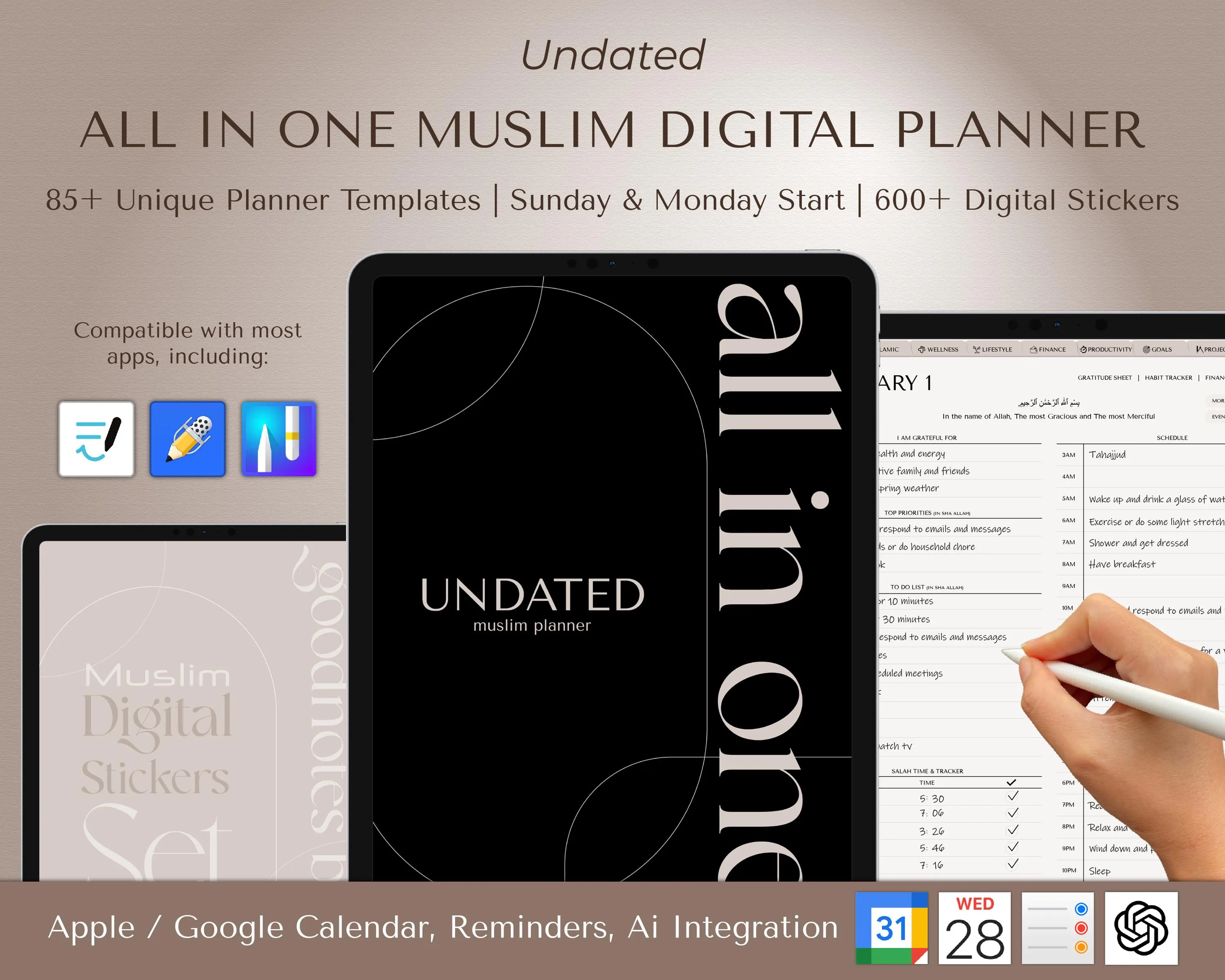 Muslim Digital Planner, Islamic Templates, Muslim Planner, Minimalist Planner With Stickers, Google Calendar Integration