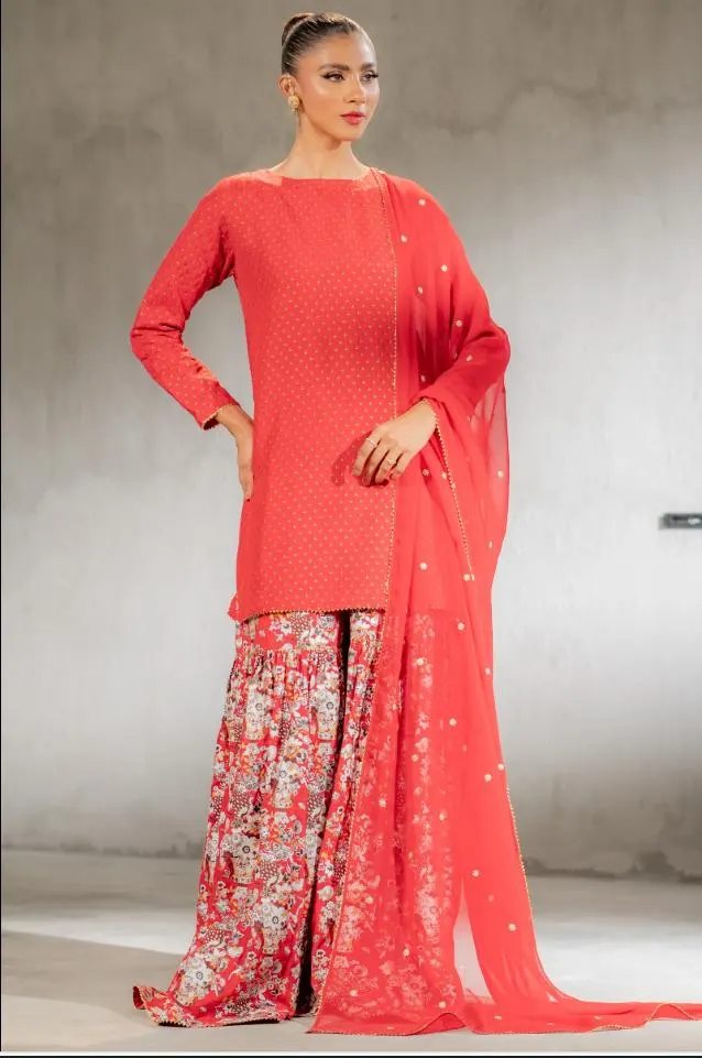 Red Raw Silk Kurta Gharara Set – Sequins Embroidered Pakistani Dress - image 3