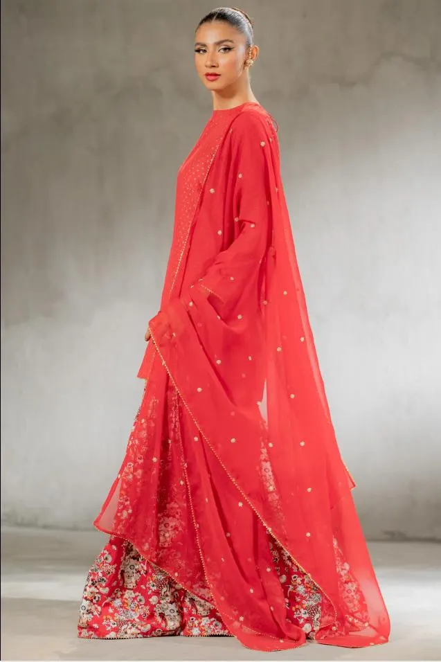 Red Raw Silk Kurta Gharara Set – Sequins Embroidered Pakistani Dress - image 4