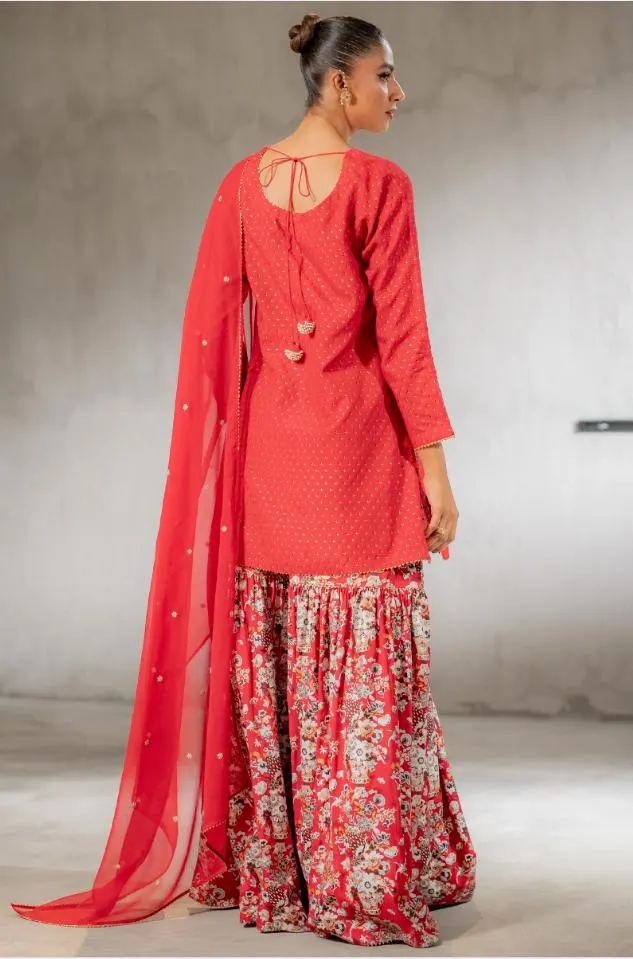 Red Raw Silk Kurta Gharara Set – Sequins Embroidered Pakistani Dress - image 5