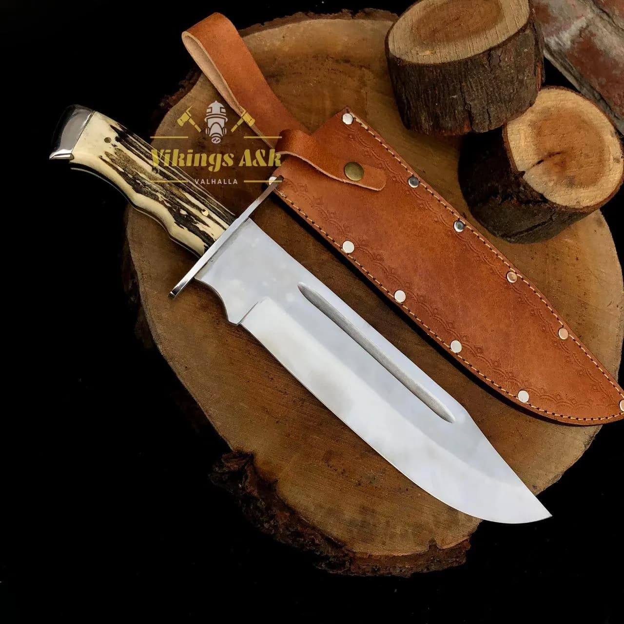 Handmade Damascus Hunting Bowie Knife – Full Tang, Leather Sheath - image 4
