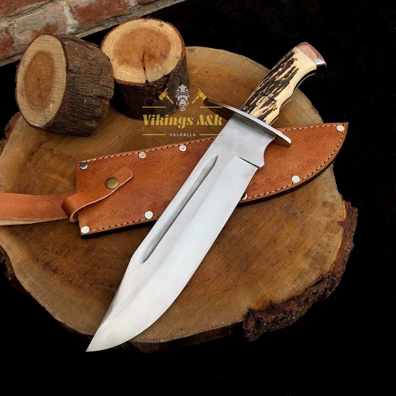 Handmade Damascus Hunting Bowie Knife – Full Tang, Leather Sheath - image 3