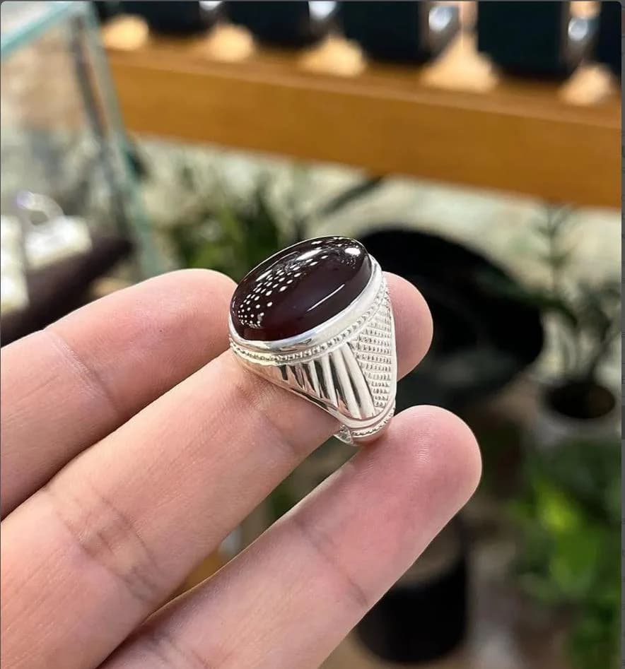 Handmade Brown Agate Aqeeq Ring for Men – Natural Raw Agate 925 Sterling Silver Adjustable Men’s Ring Gift Hakik Stone ring - Natural agate