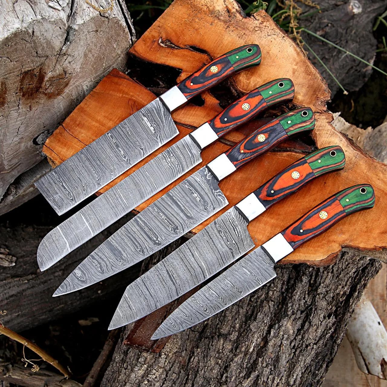 Hand-Forged Damascus Chef Knife Set: Wood & Bone Handle, Leather Roll