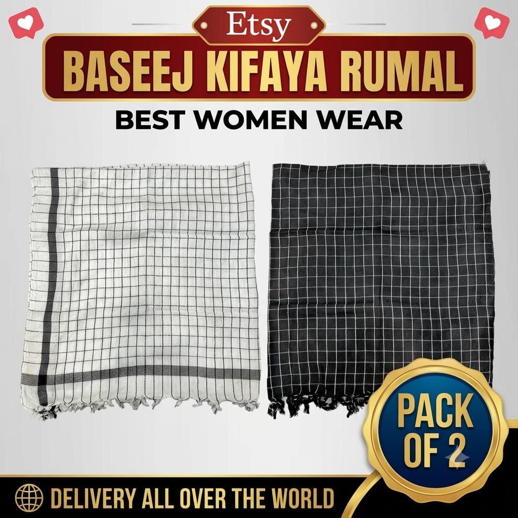 Pack of 2 Black Cotton Keffiyeh Scarf 1x1 Meter Muslim Shemagh Style Head Scarf Soft Lightweight Prayer Shawl for Men and Female Kifaya