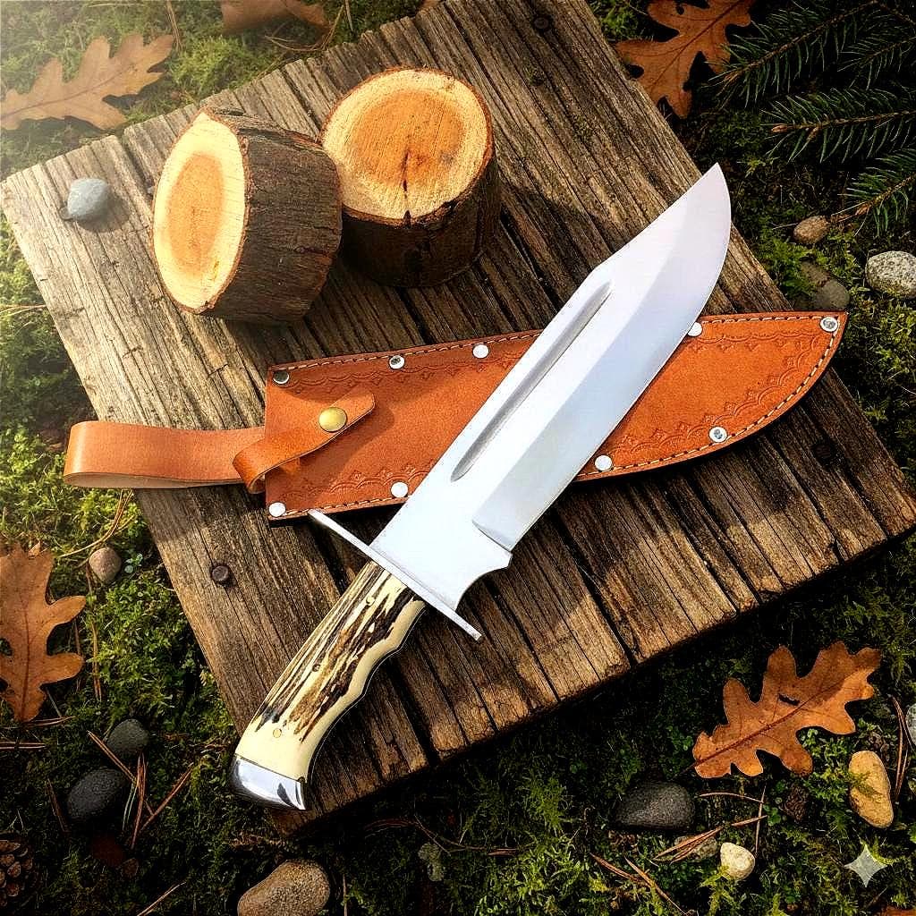 Handmade Damascus Hunting Bowie Knife – Full Tang, Leather Sheath
