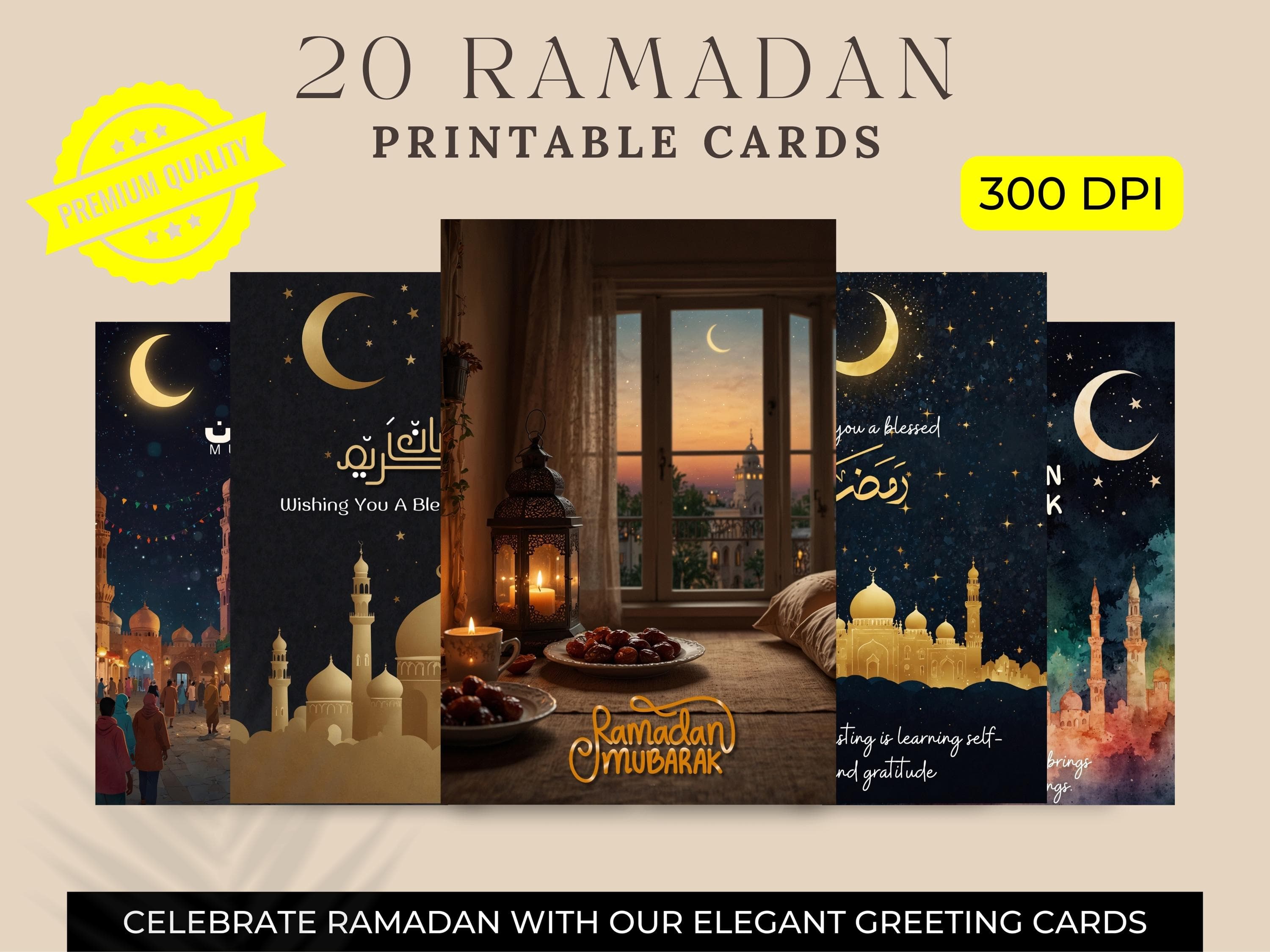 Ramadan Mubarak Greeting Cards: Elegant Islamic Designs (Digital Download)