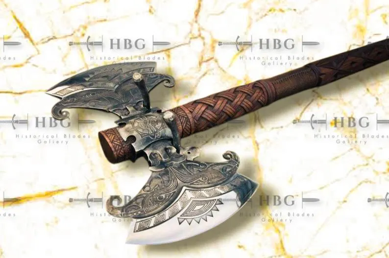 Double Head Viking Axe, Handcrafted Norse Axe, 38in Carbon Steel Display Axe with Sheath
