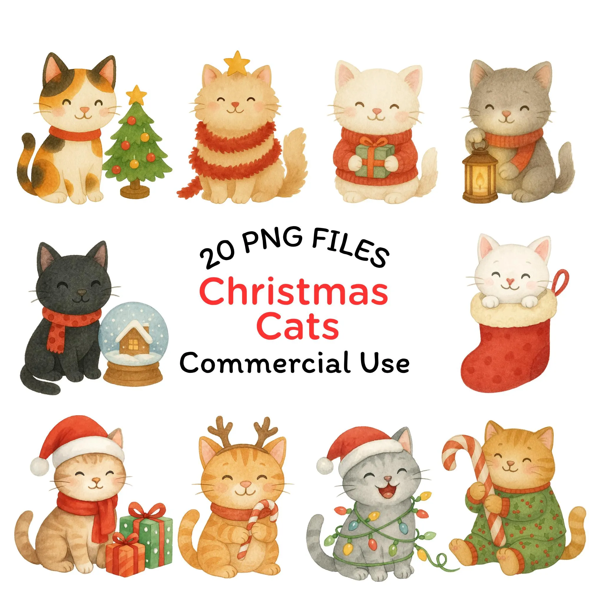 Watercolor Christmas Cat Clipart | Holiday Animal Art (PNG)