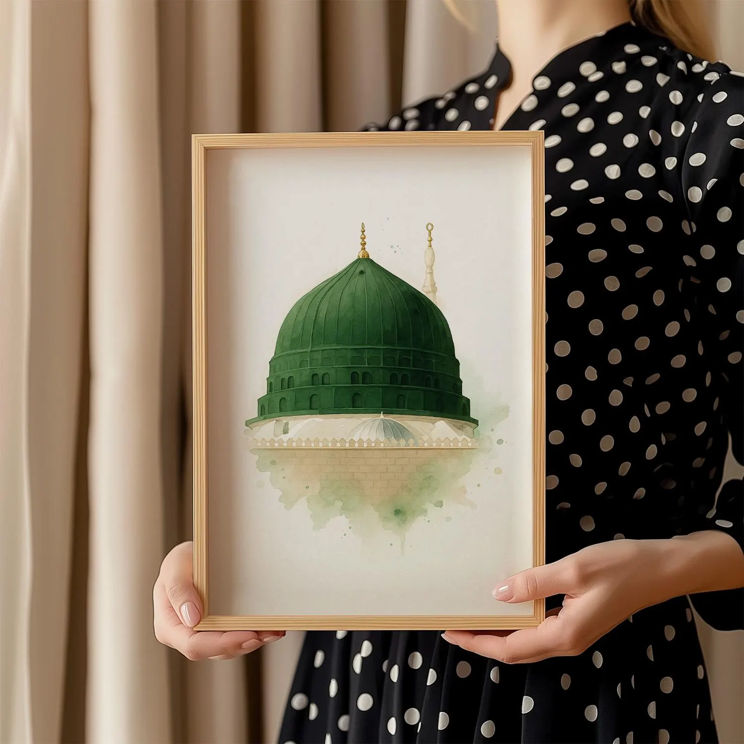 Green Dome Watercolor Islamic Wall Art | Minimalist Masjid An-Nabawi Print | Madinah Muslim Digital Download for Ramadan or Eid Gift