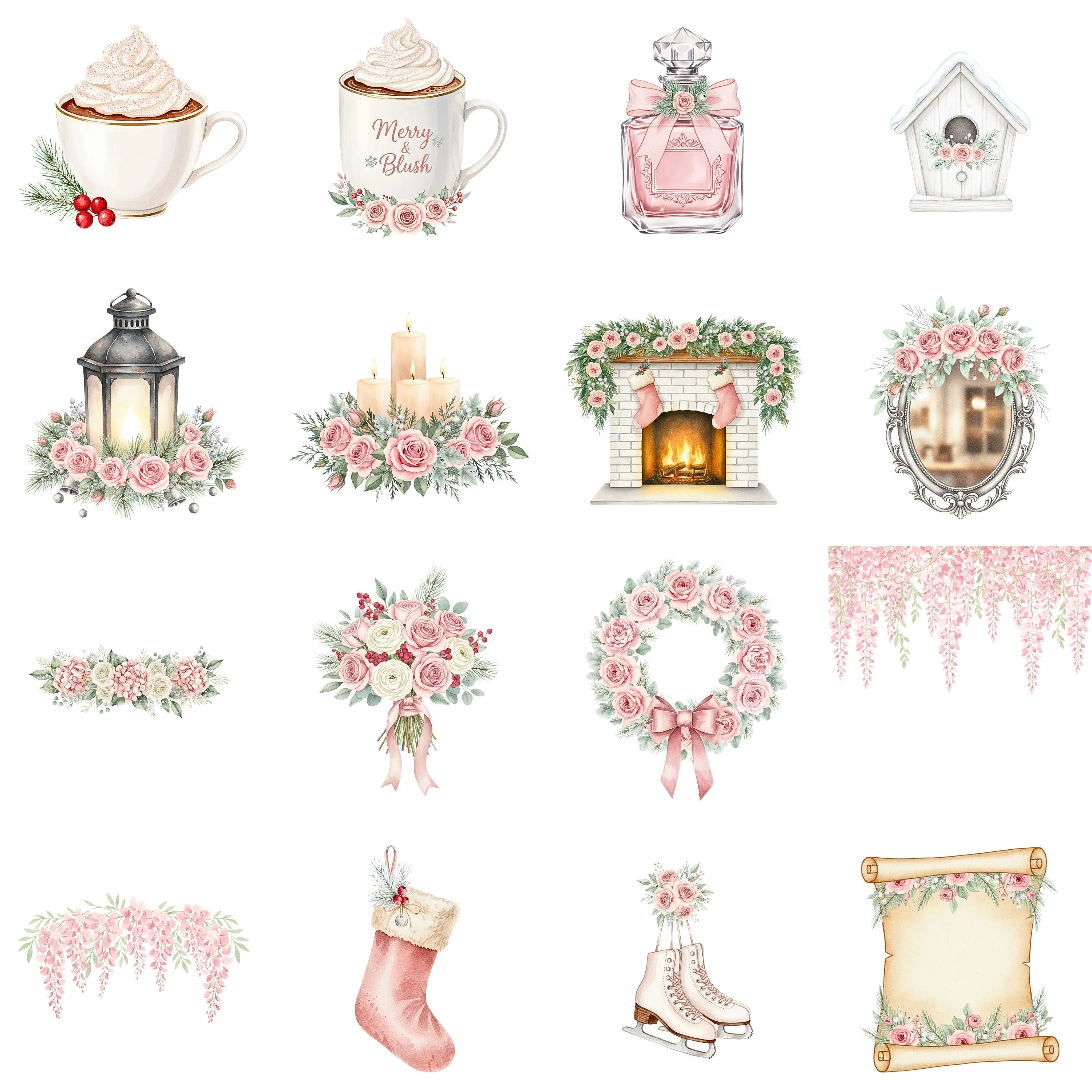 Blush Pink Watercolor Christmas Clipart Bundle – Cozy Fireplace, Pastel Decor (PNG, SVG) - image 3