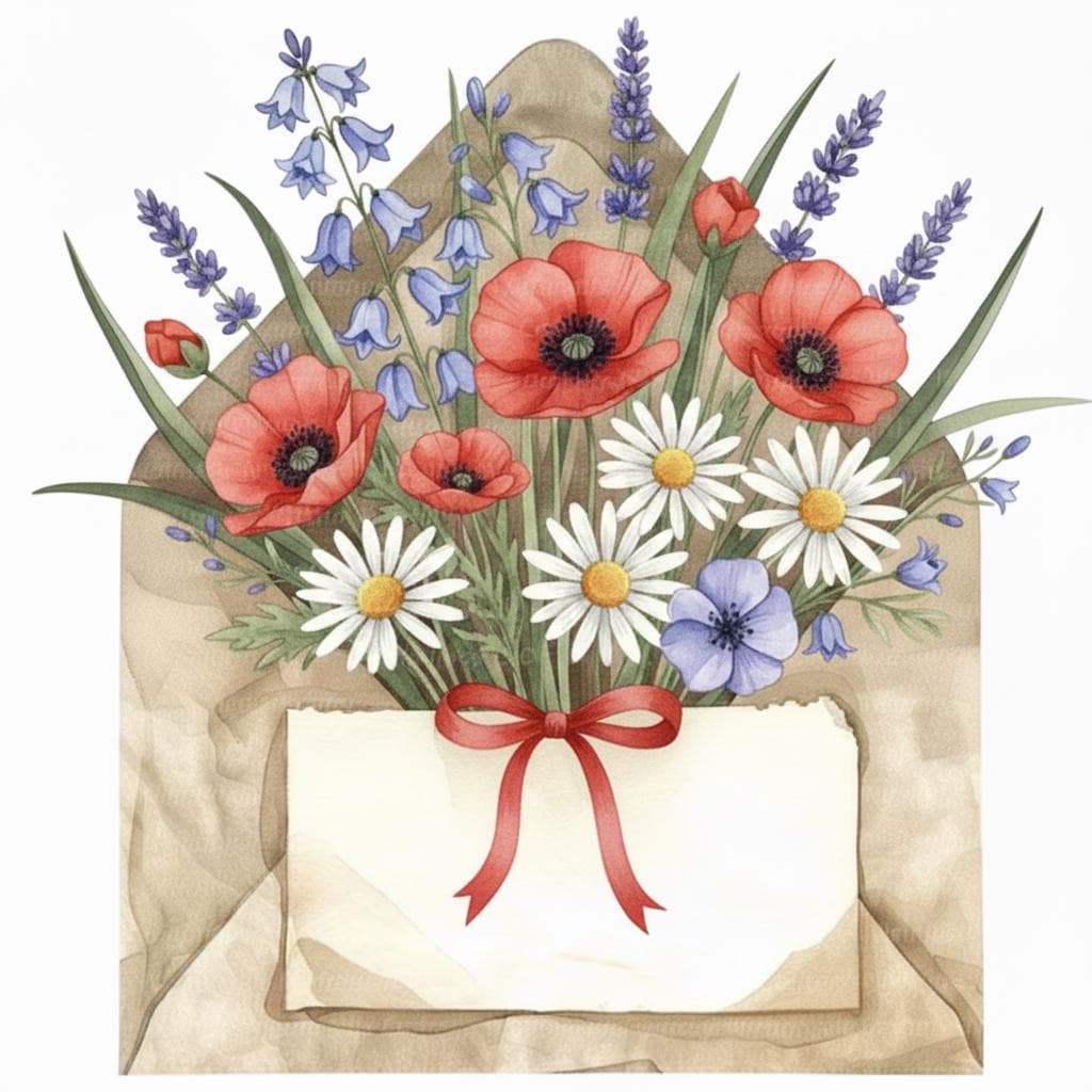 10 Spring Wildflower Envelope Clipart PNG, Floral Letter Design, Cottagecore Stationery, Scrap Book, Junk Journal, Digital Download